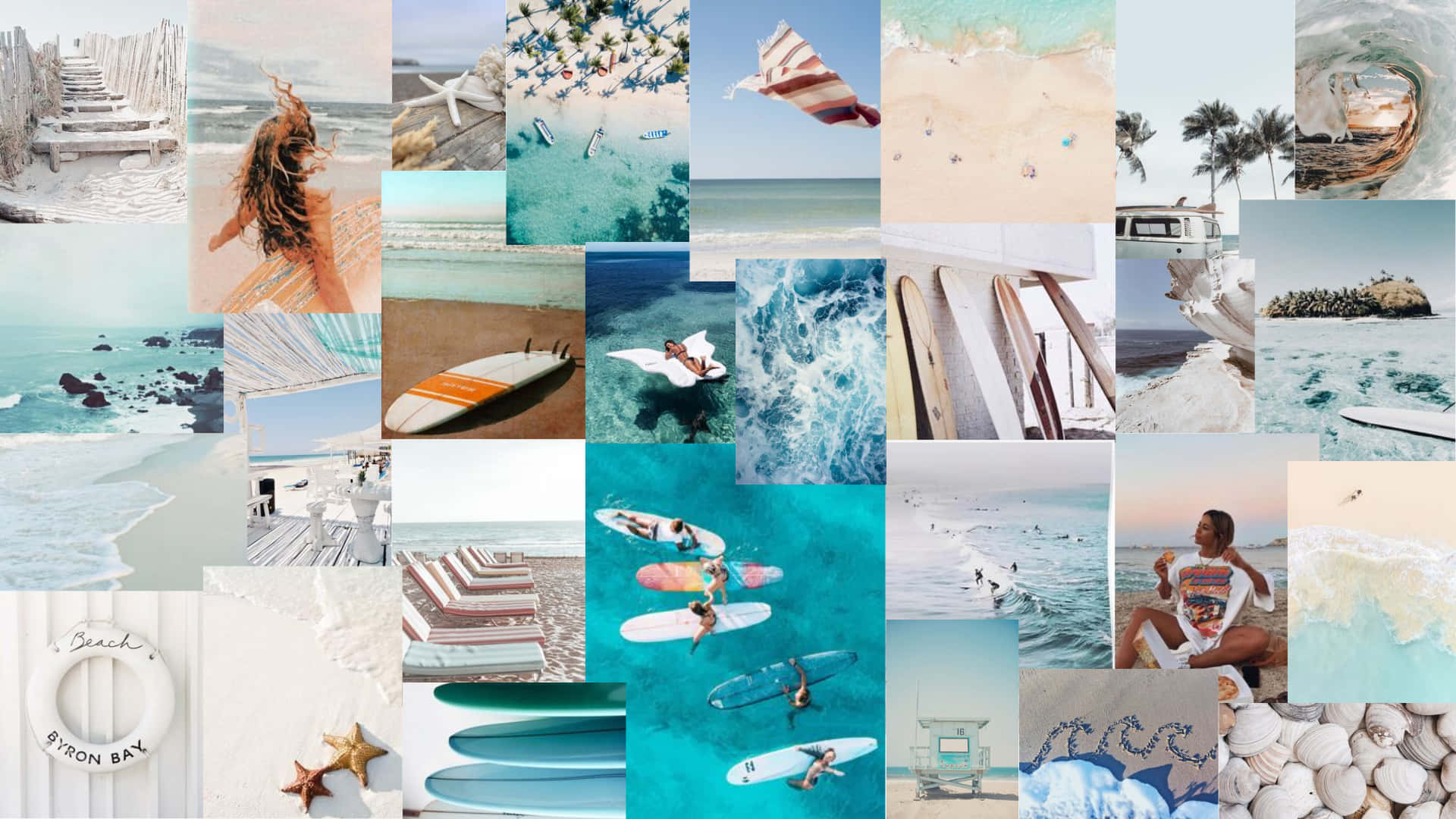 collage aesthetic laptop, beach scenes, surfers riding waves, Full HD Desktop Wallpaper