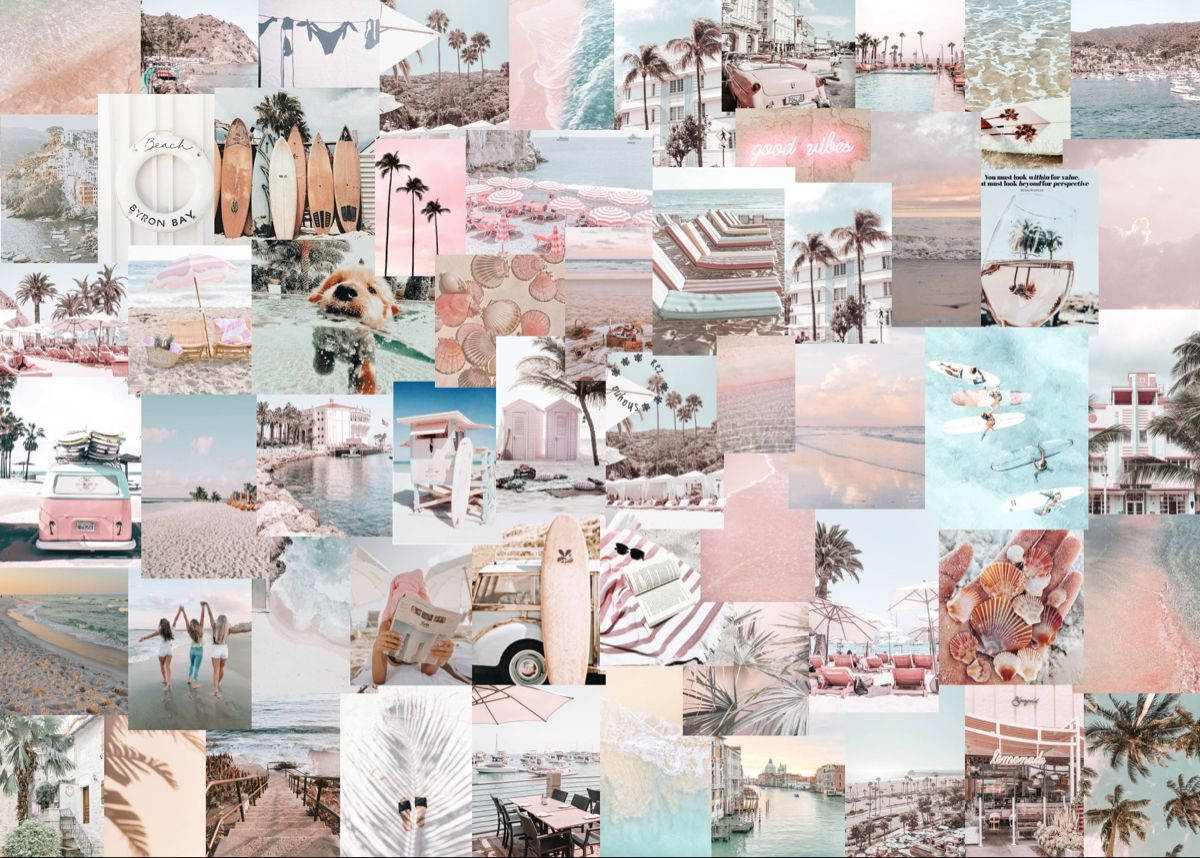 pink summer vibes aesthetic collage laptop, pastel tones, beach scenes, SD Desktop Wallpaper