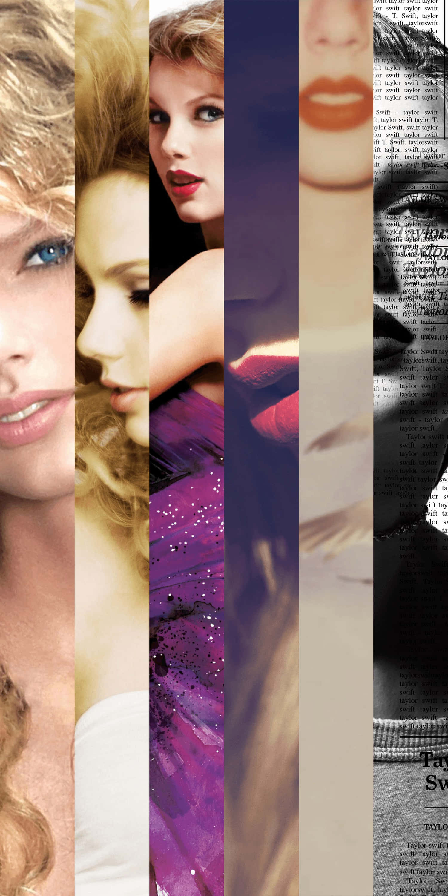 Taylor Swift, purple glittery fabric, newspaper text overlays, 2K Phone Wallpaper