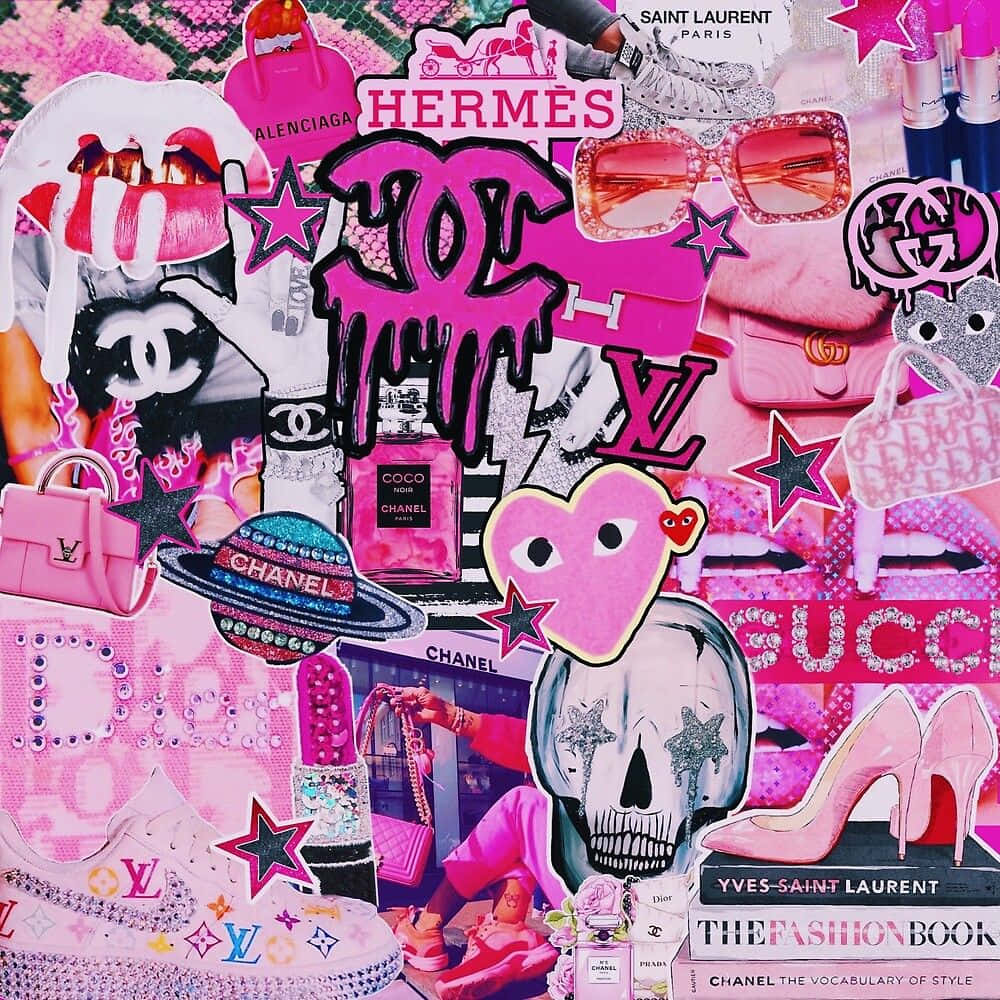 pink collage, luxury fashion items, logos, SD Desktop Wallpaper