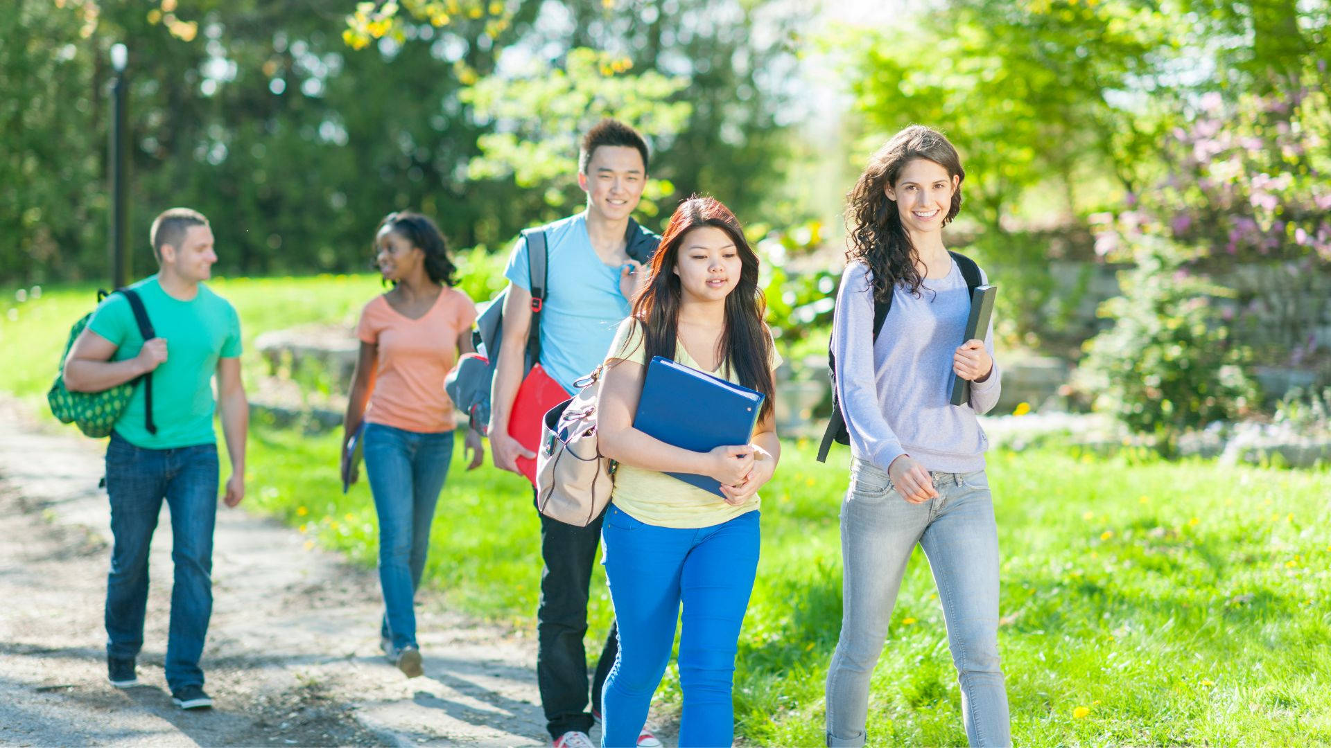 college scholar students, sunlit park path, backpacks, Full HD Desktop Wallpaper