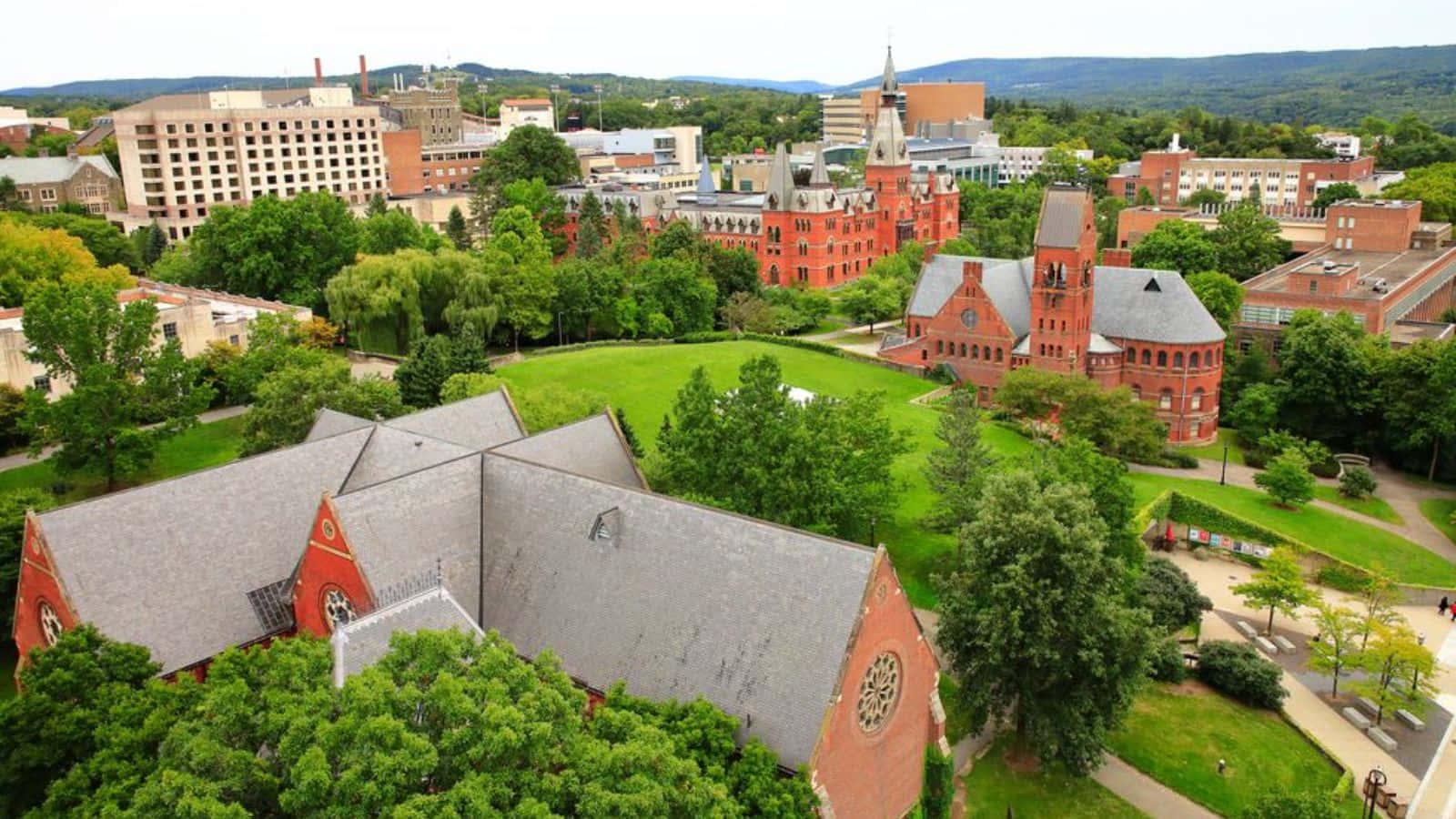 historic red brick university campus, Gothic architecture, lush green trees, HD Desktop Wallpaper
