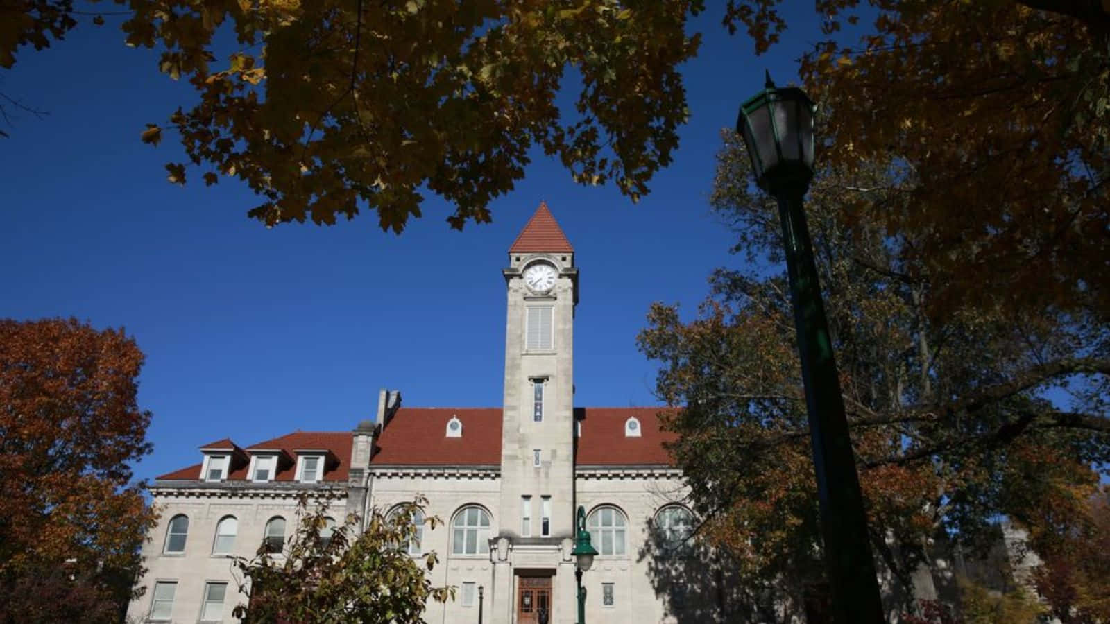 autumn college campus clock tower, stone clock tower building, red roof, HD Desktop Wallpaper