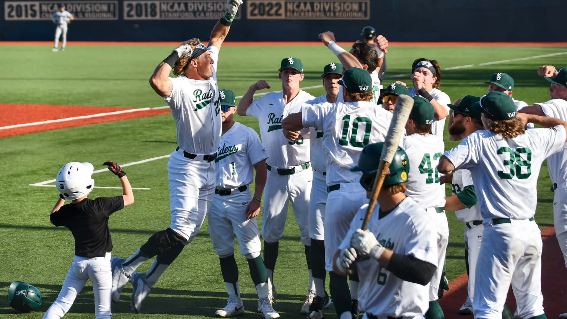 College Baseball, white and green uniforms, sunlit field, Full HD Desktop Wallpaper