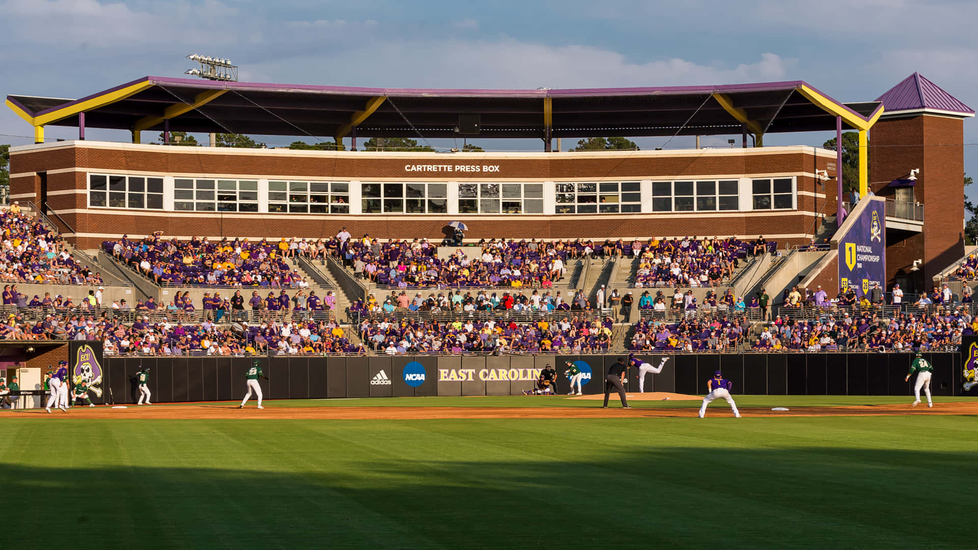 college baseball, partly cloudy sky, fans in purple and gold, Full HD Desktop Wallpaper