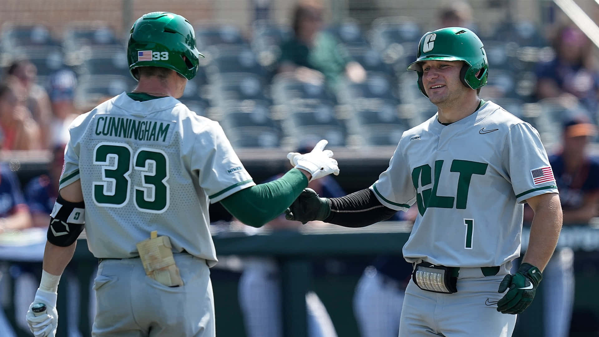 College Baseball, green and white uniforms, sunny field, Full HD Desktop Wallpaper