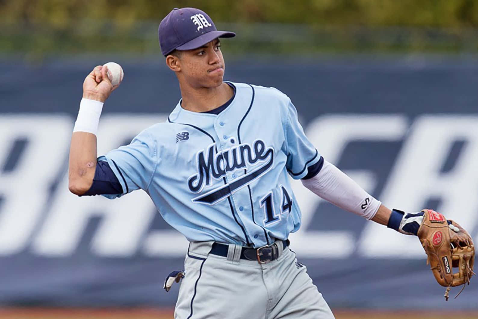 baseball player, light blue Maine uniform, number 14, HD Desktop Wallpaper