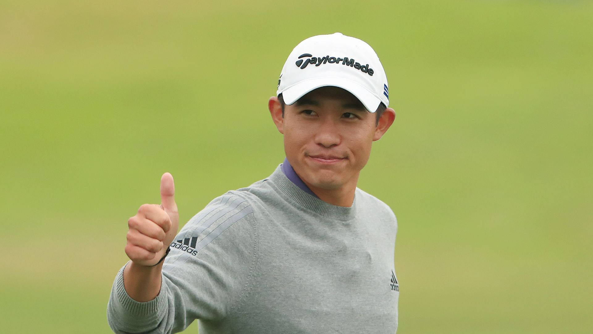 Collin Morikawa, white cap, gray sweater, Full HD Desktop Wallpaper