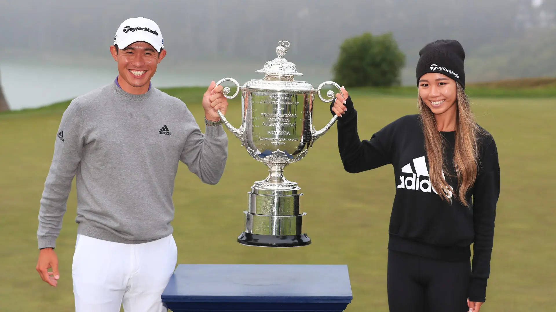 Collin Morikawa, silver trophy, misty green course, Full HD Desktop Wallpaper