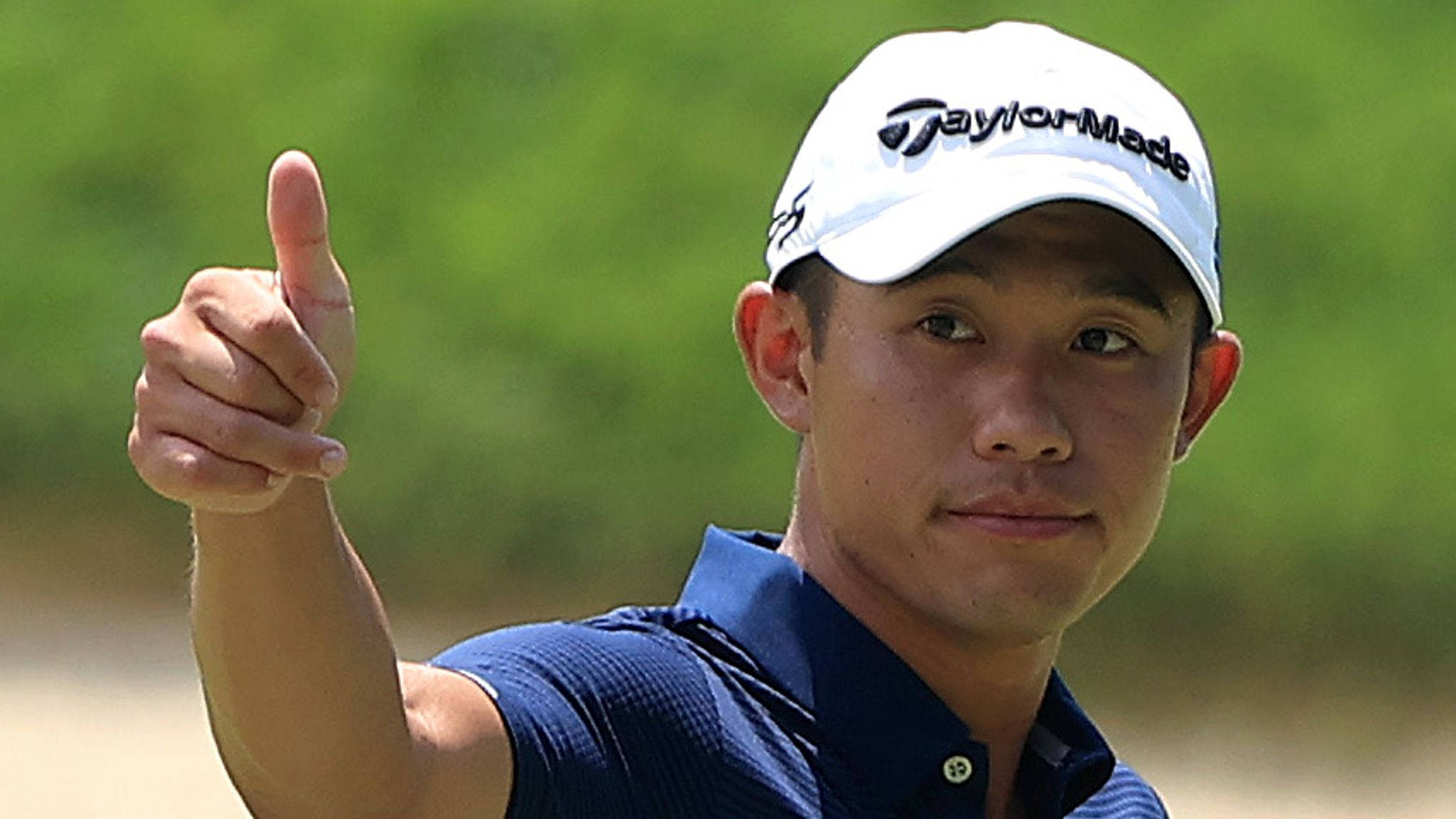 Collin Morikawa, blue polo, white cap, Full HD Desktop Wallpaper