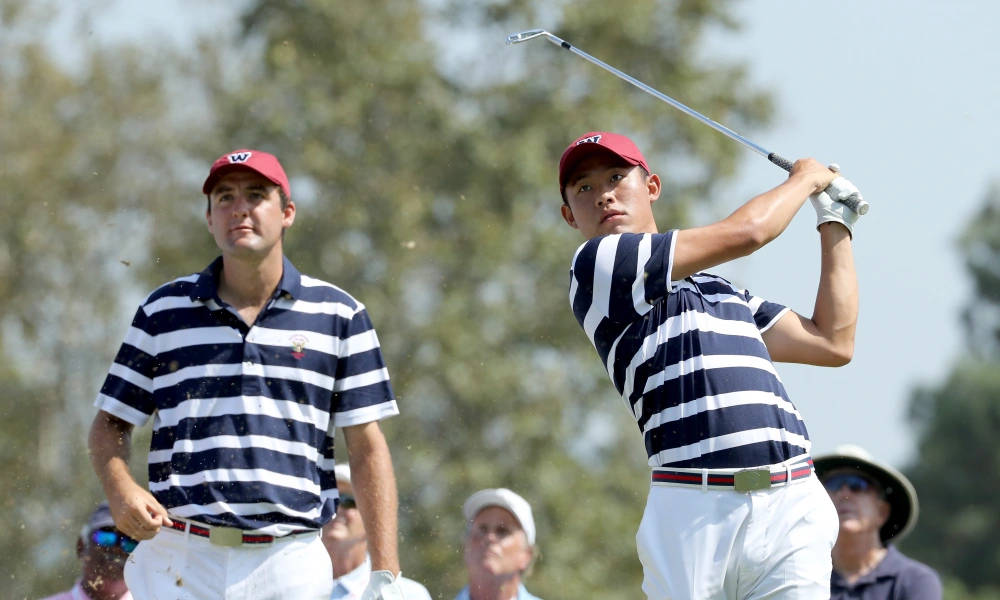 Collin Morikawa, golf partner, sunny course, SD Desktop Wallpaper