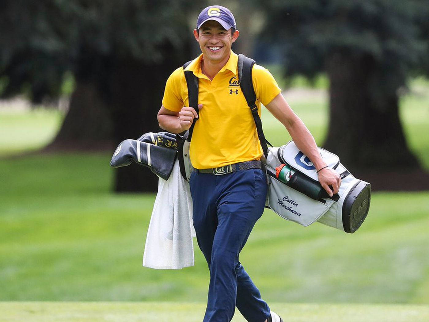 Collin Morikawa, yellow shirt, blue cap, HD Desktop Wallpaper