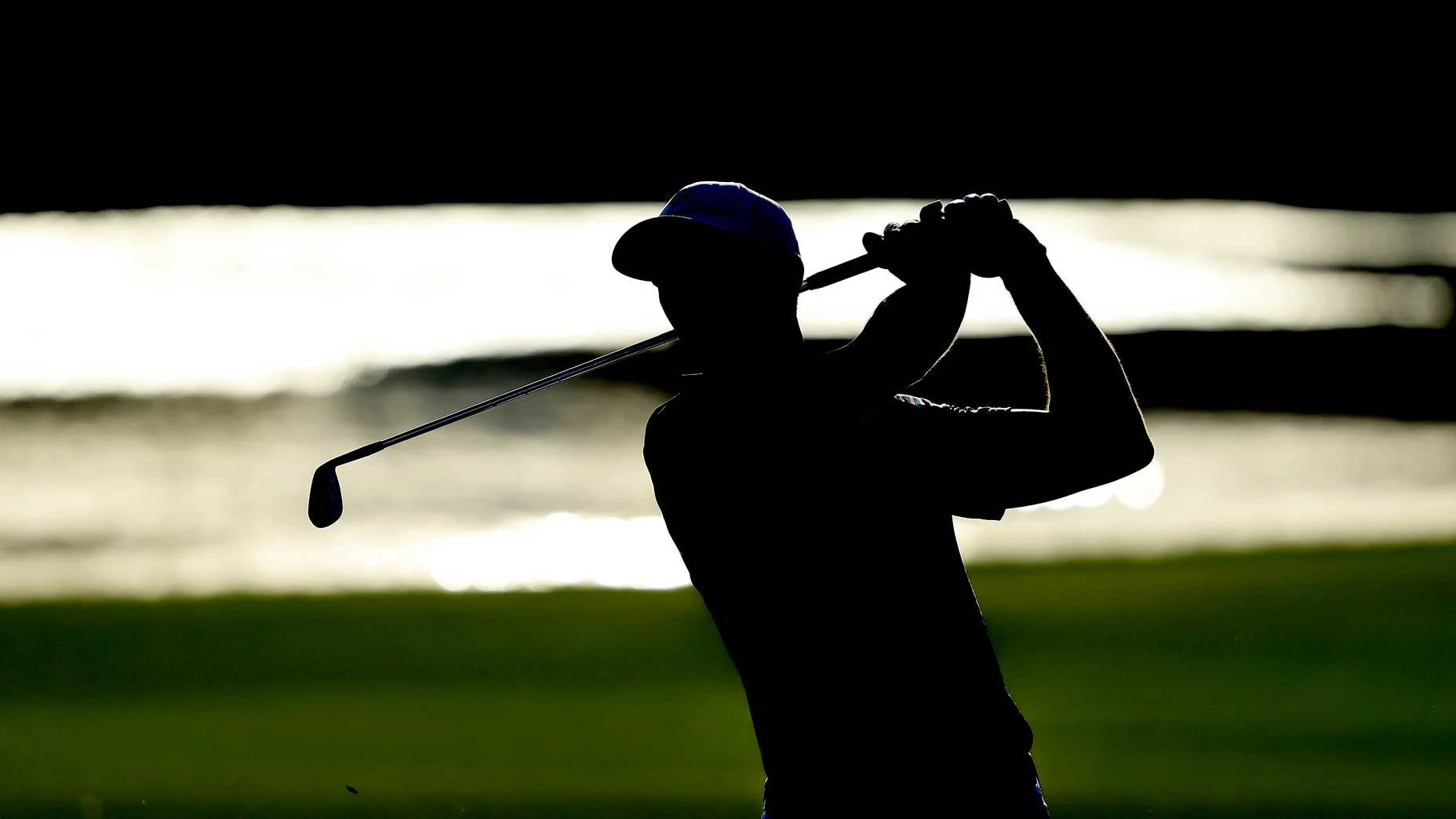 Collin Morikawa, silhouette, golfer mid-swing, HD Desktop Wallpaper