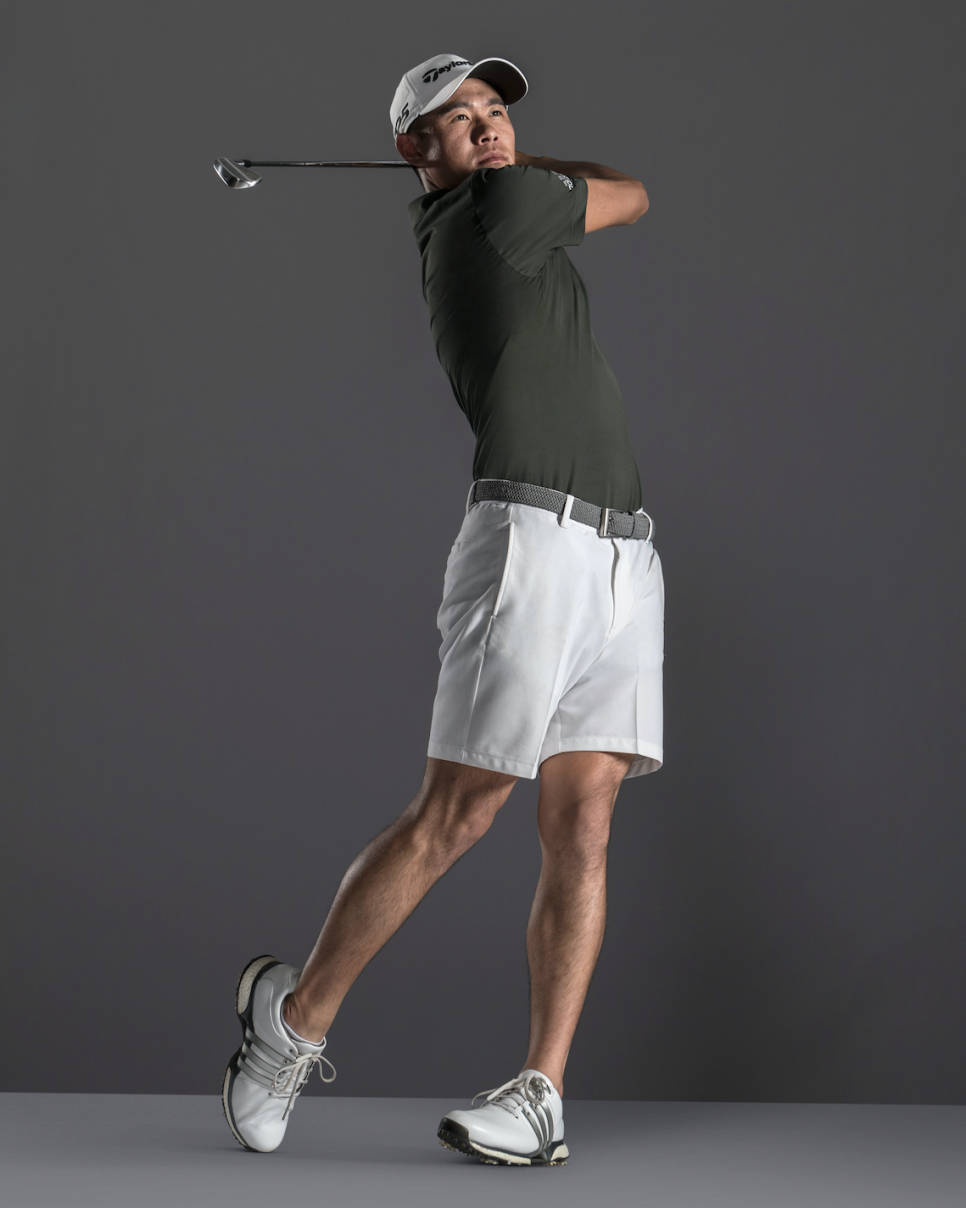 Collin Morikawa, studio background, white shorts, SD Phone Wallpaper