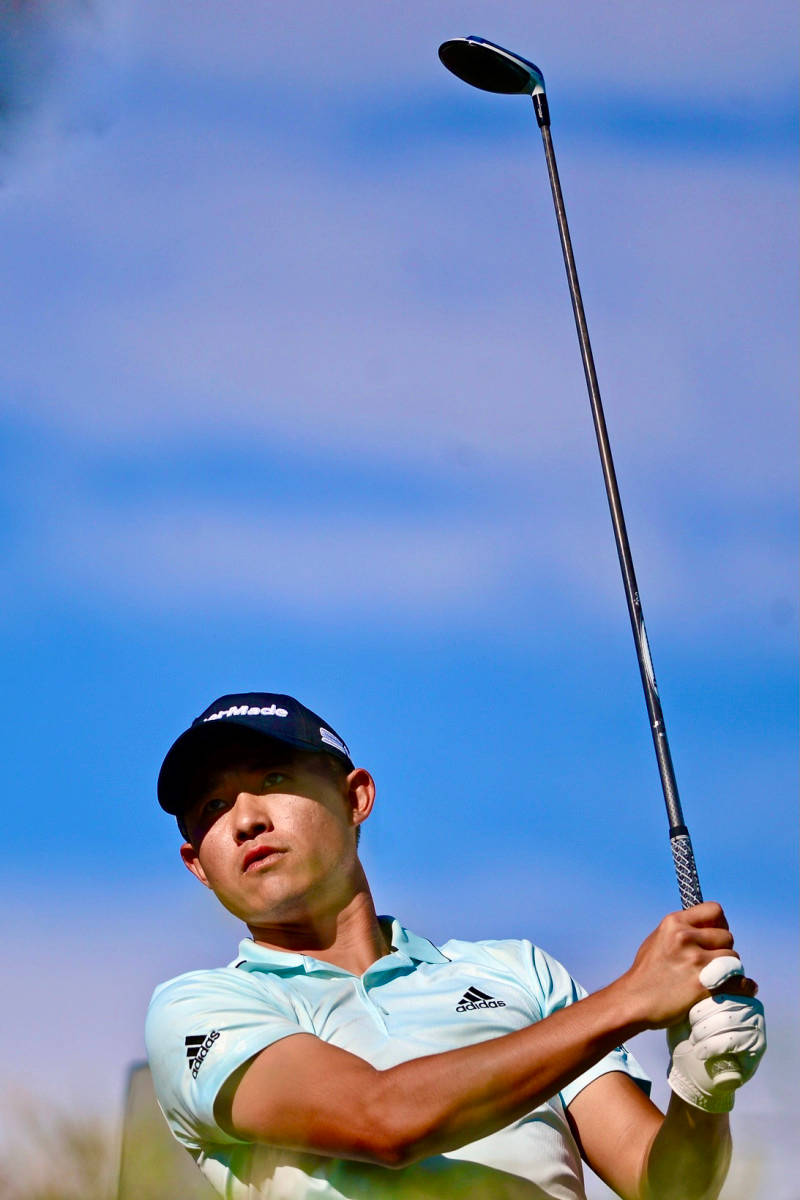 Collin Morikawa, light blue shirt, cap, SD Phone Wallpaper