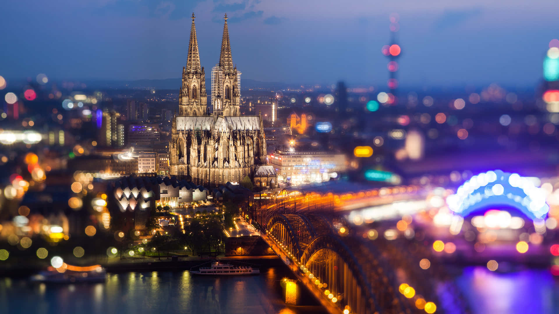 Cologne Cathedral, night view, glowing bokeh lights, Full HD Desktop Wallpaper