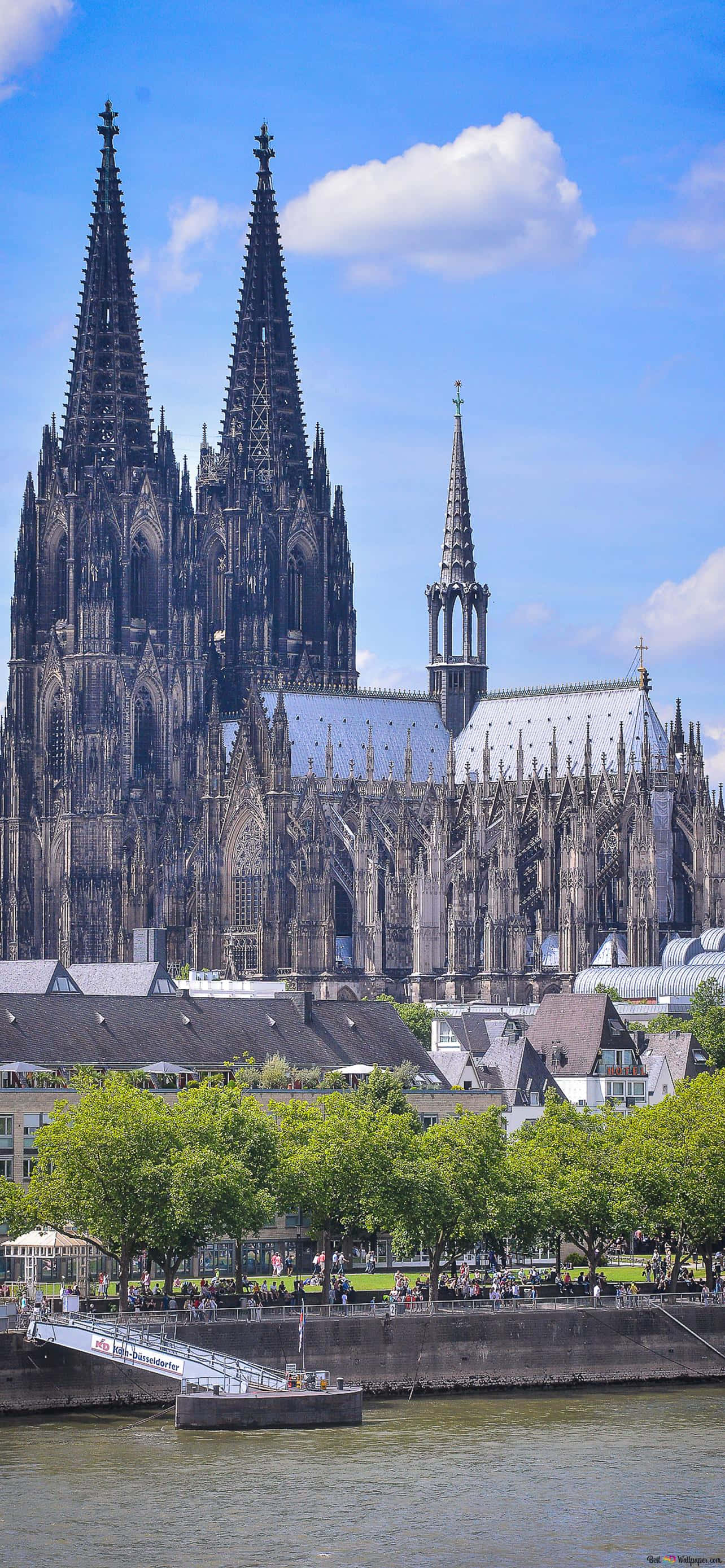 Cologne Cathedral, twin spires, bright blue sky, 2K Phone Wallpaper