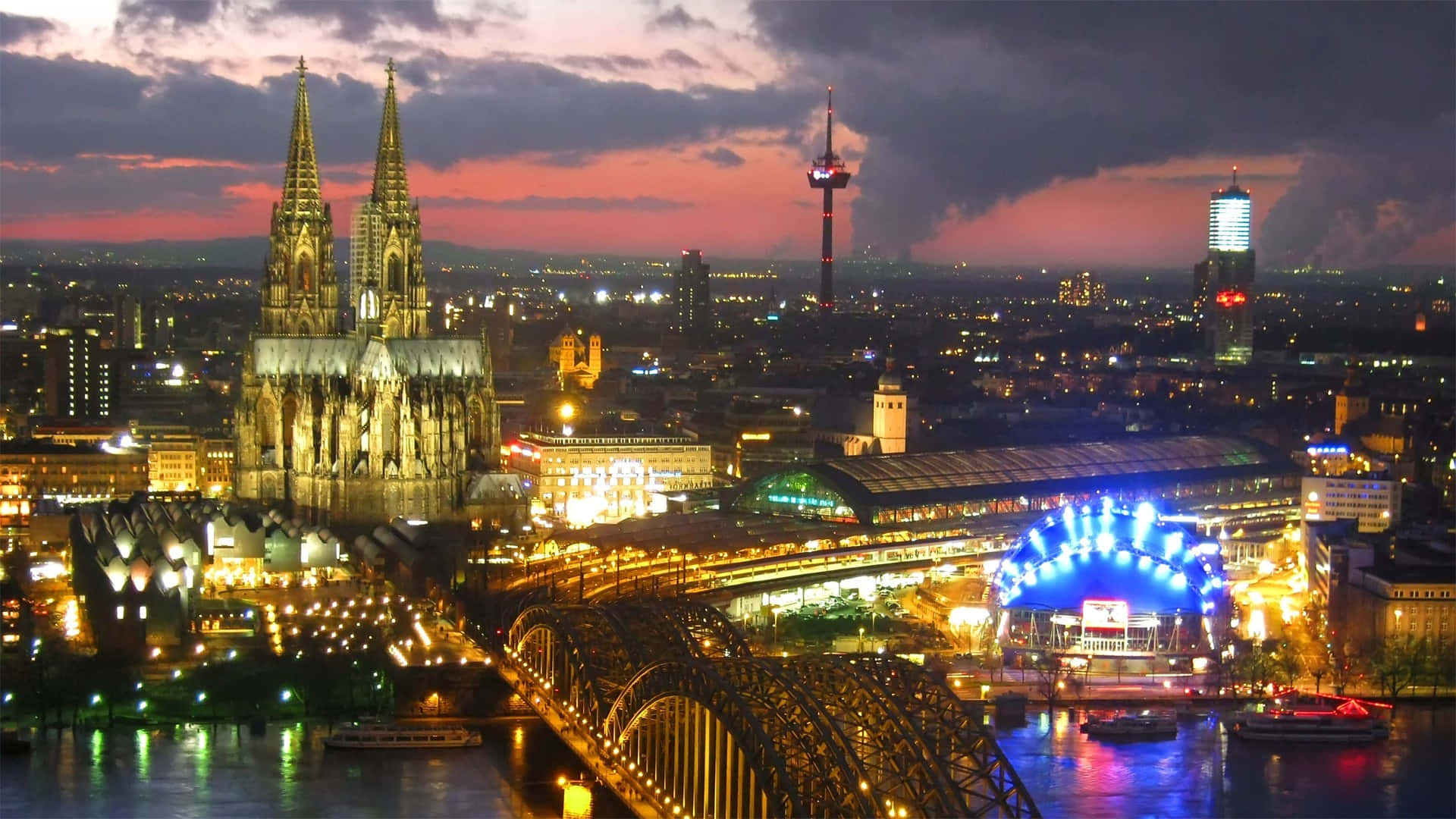 Cologne Cathedral, twilight sky, river, Full HD Desktop Wallpaper