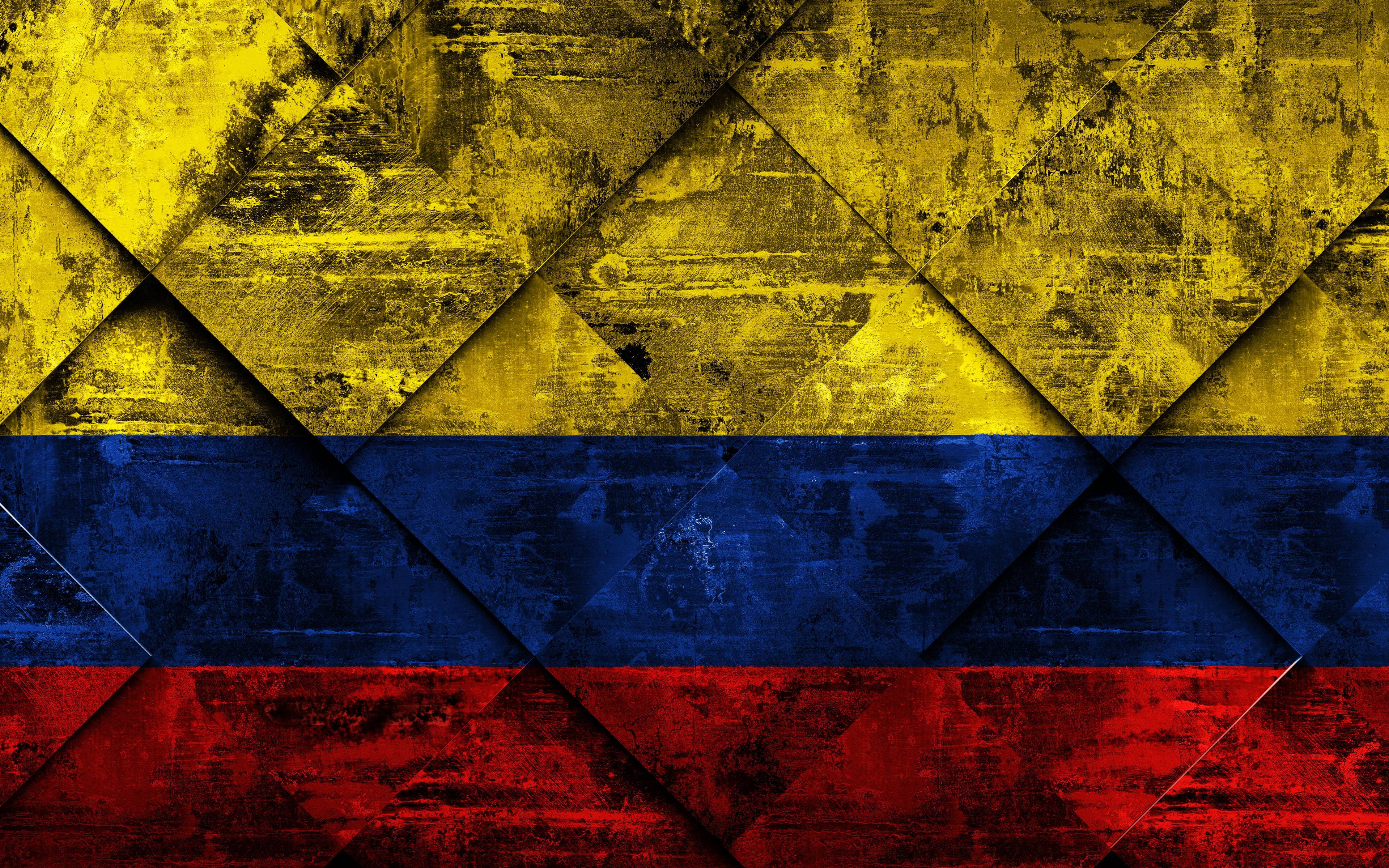 Colombia flag, yellow blue and red stripes, geometric diamond pattern, 4K Desktop Wallpaper