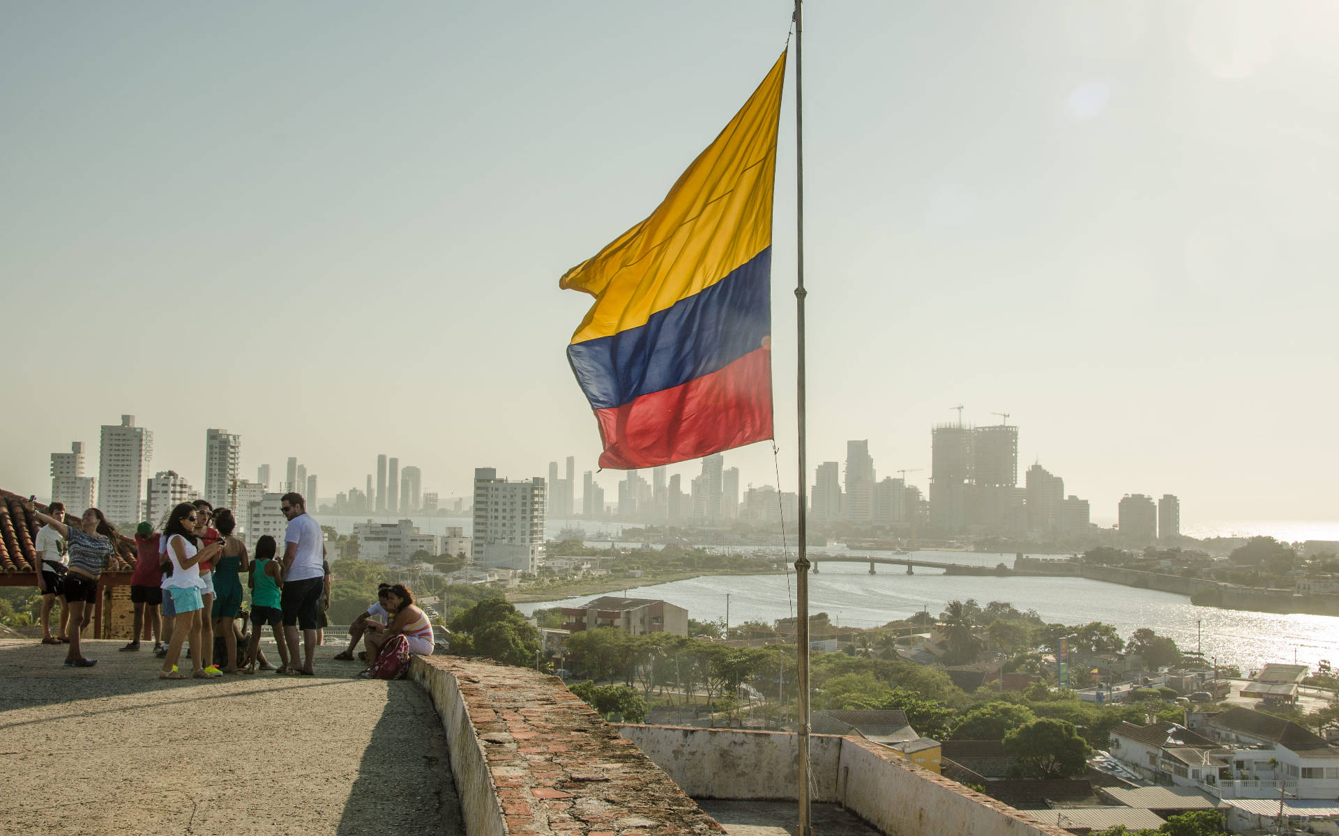 Colombia flag, stone overlook, river, Full HD Desktop Wallpaper