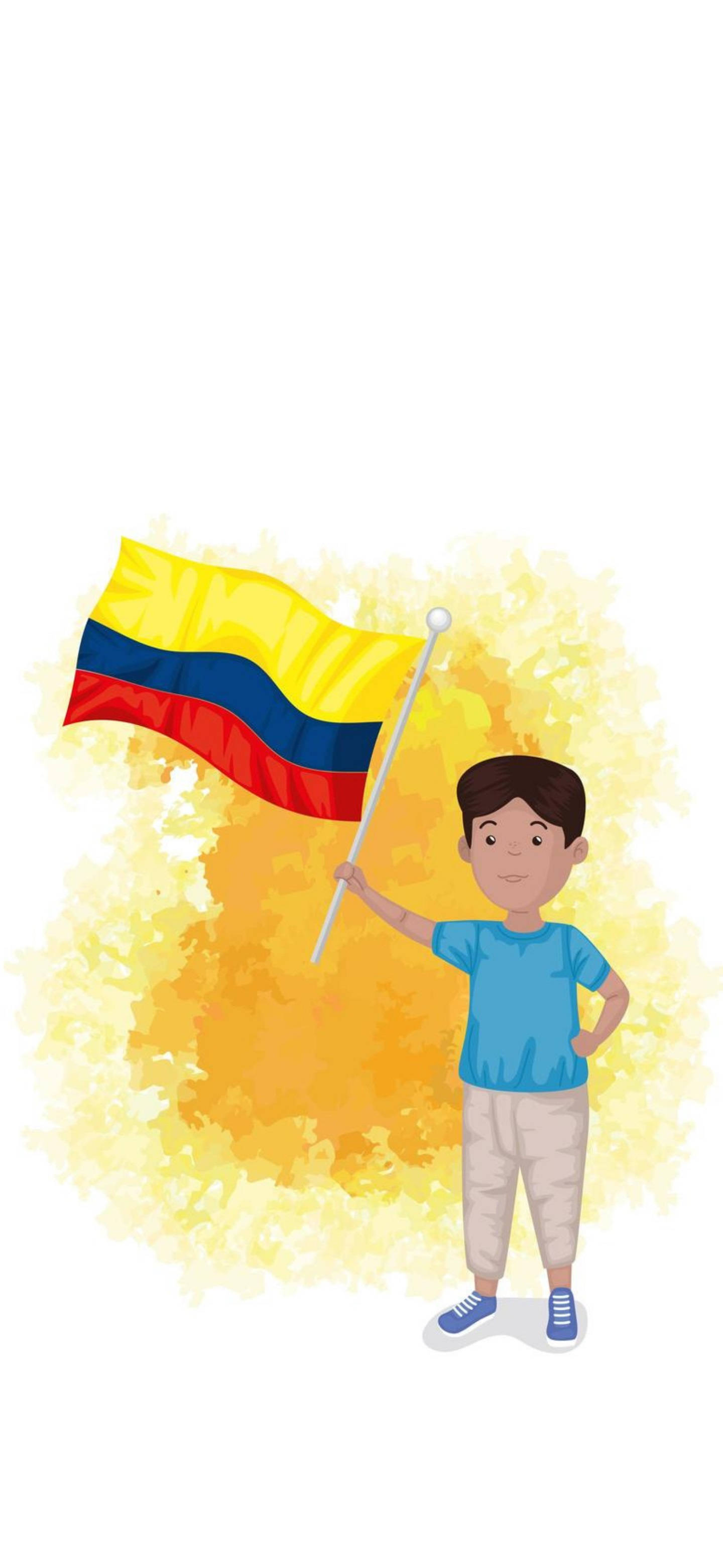 Colombia flag, cartoon boy, waving Colombian flag, 2K Phone Wallpaper
