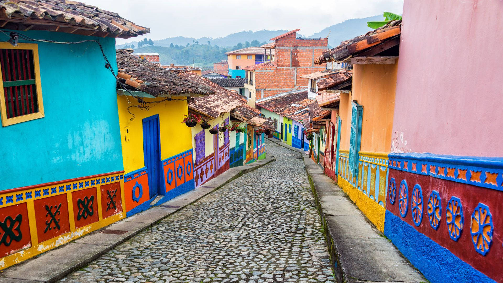 colorful streets of colombia, vibrant cobblestone street, colorful colonial houses, Full HD Desktop Wallpaper