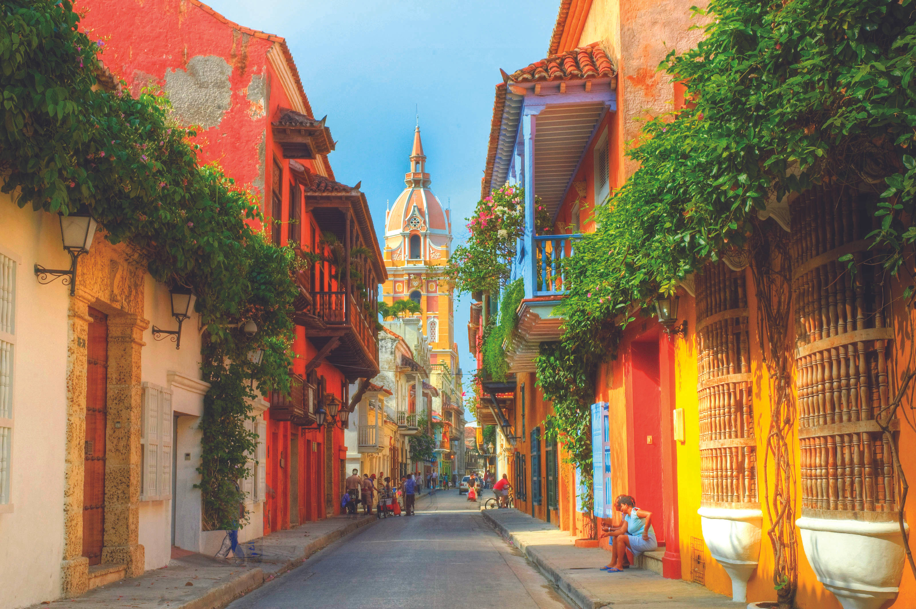 Colombia, colonial street, colorful buildings, 2K Desktop Wallpaper