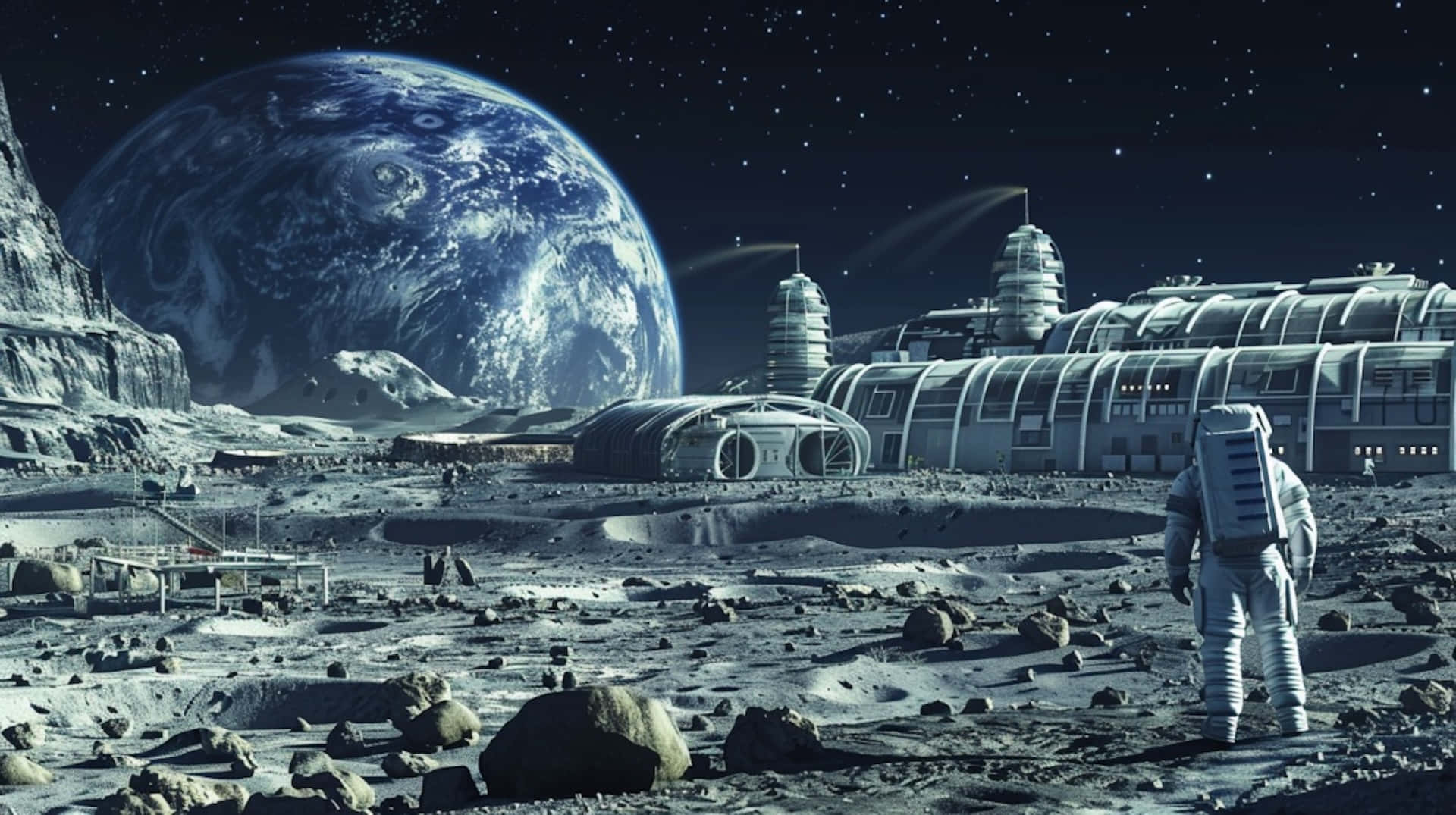 lunar colony, earthrise, futuristic domed habitats, Full HD Desktop Wallpaper