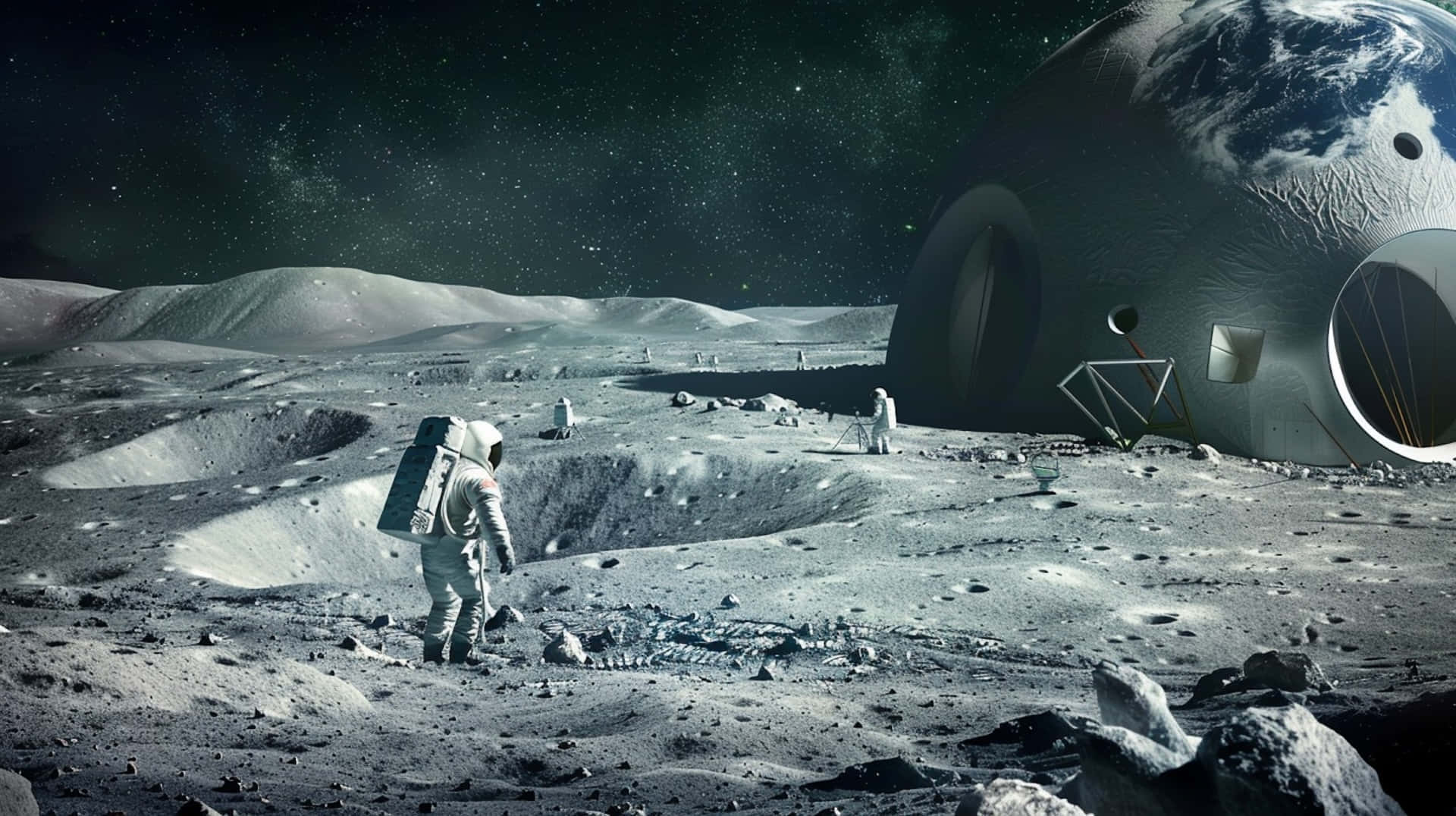 moon crater, futuristic dome habitat, Earth, Full HD Desktop Wallpaper