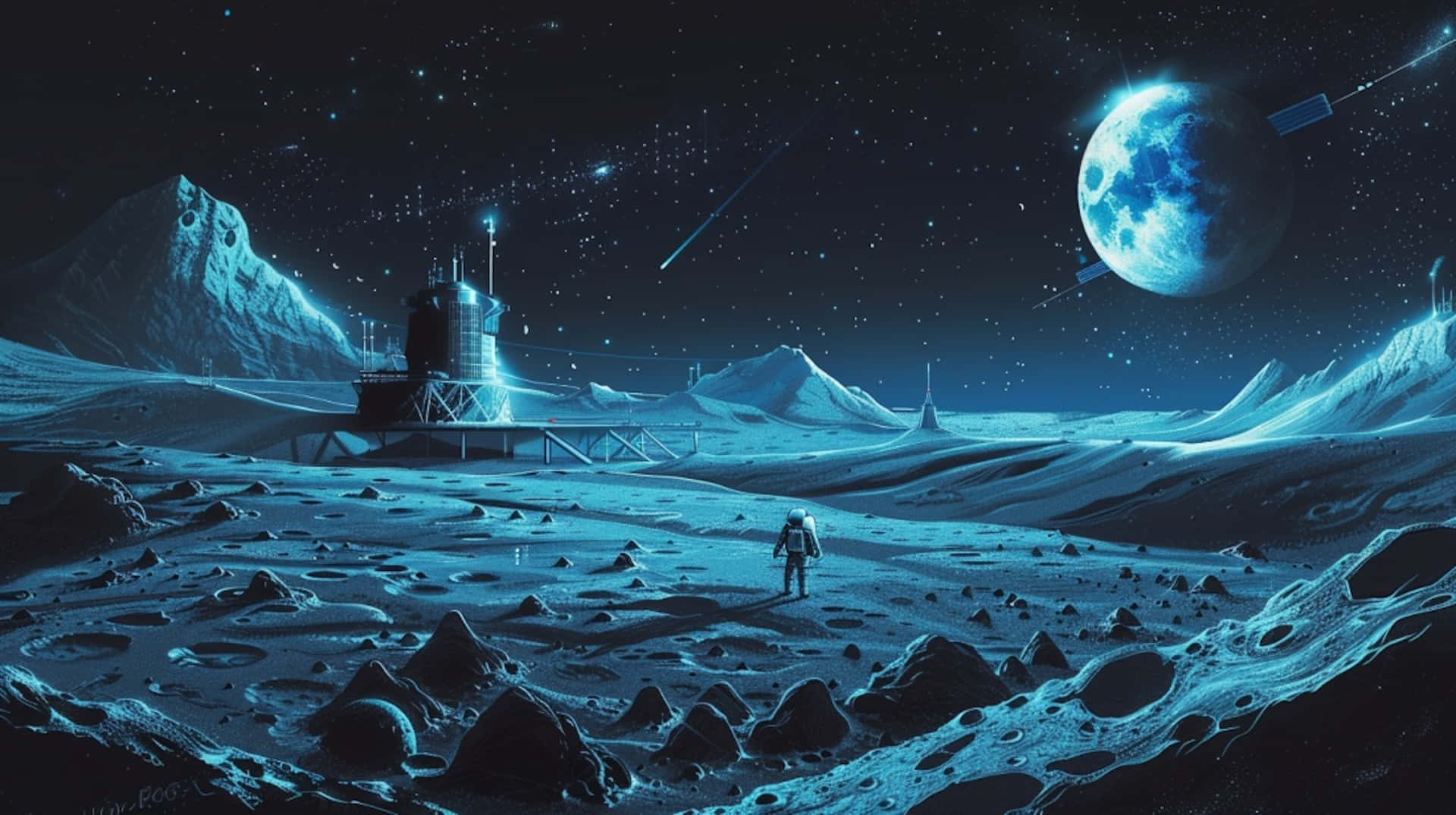 lunar base, earthrise, astronaut, Full HD Desktop Wallpaper