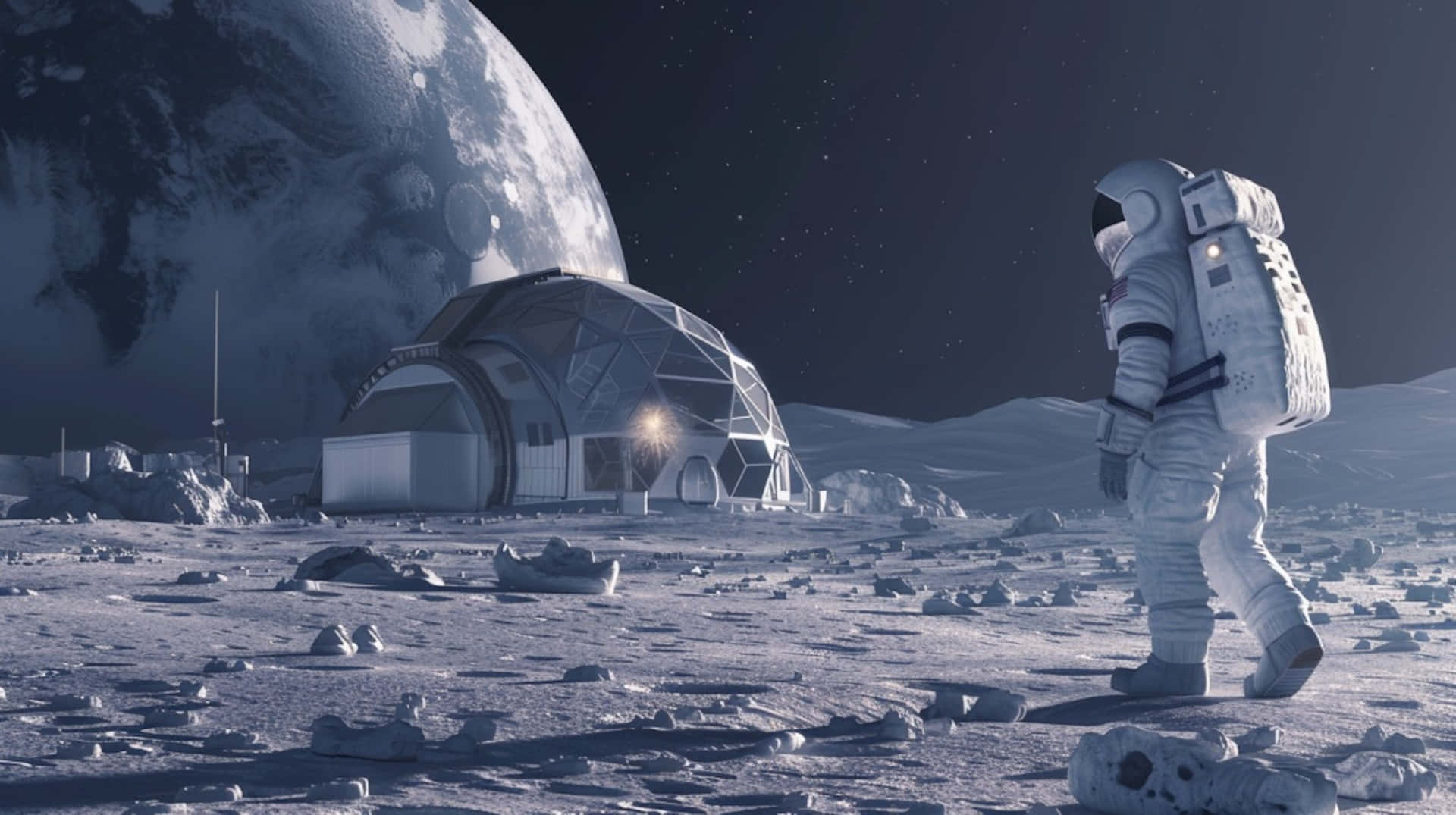 lunar base exploration, geodesic dome habitat, rocky lunar surface, Full HD Desktop Wallpaper