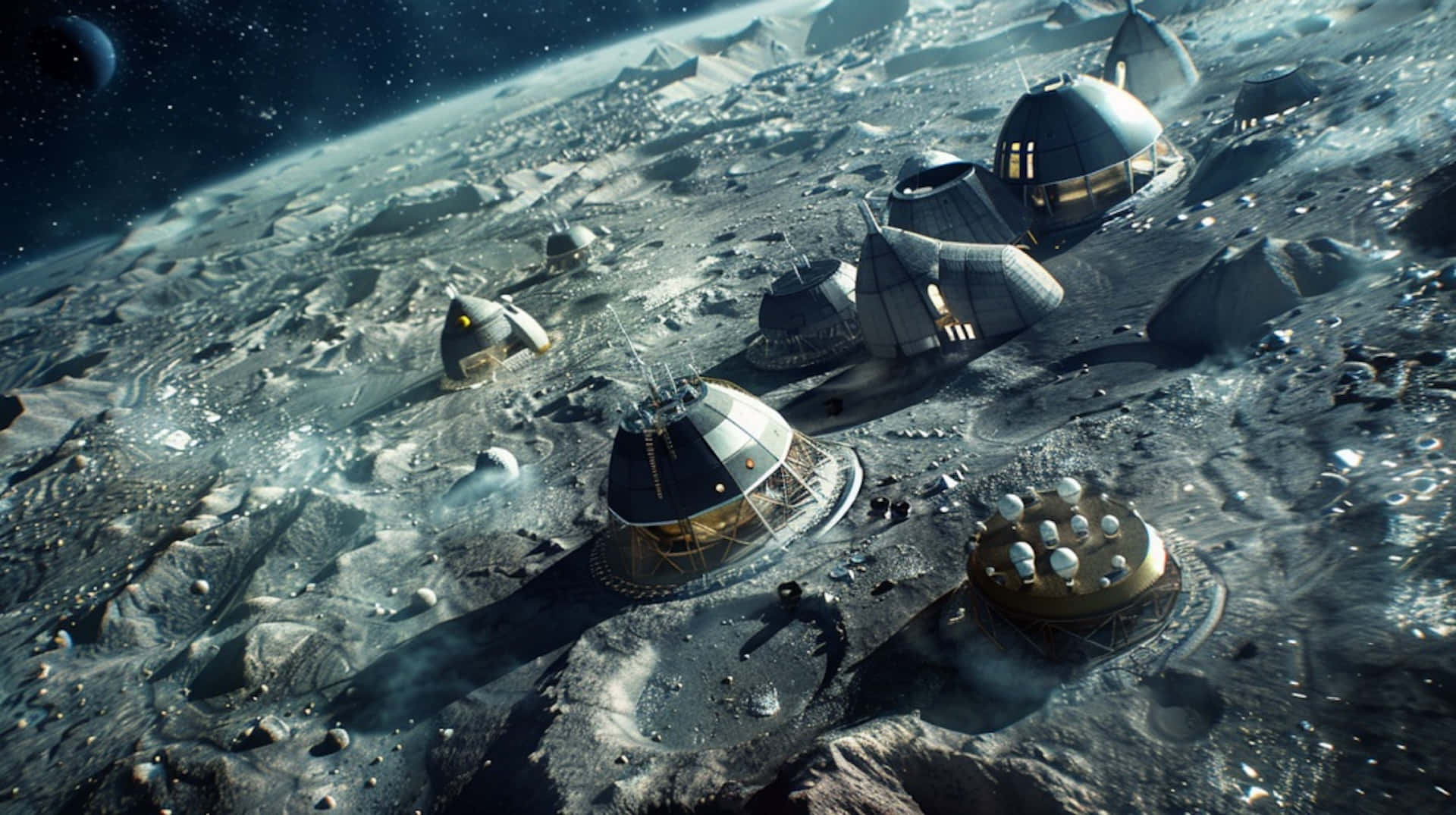 lunar base, domed habitats, cratered terrain, Full HD Desktop Wallpaper