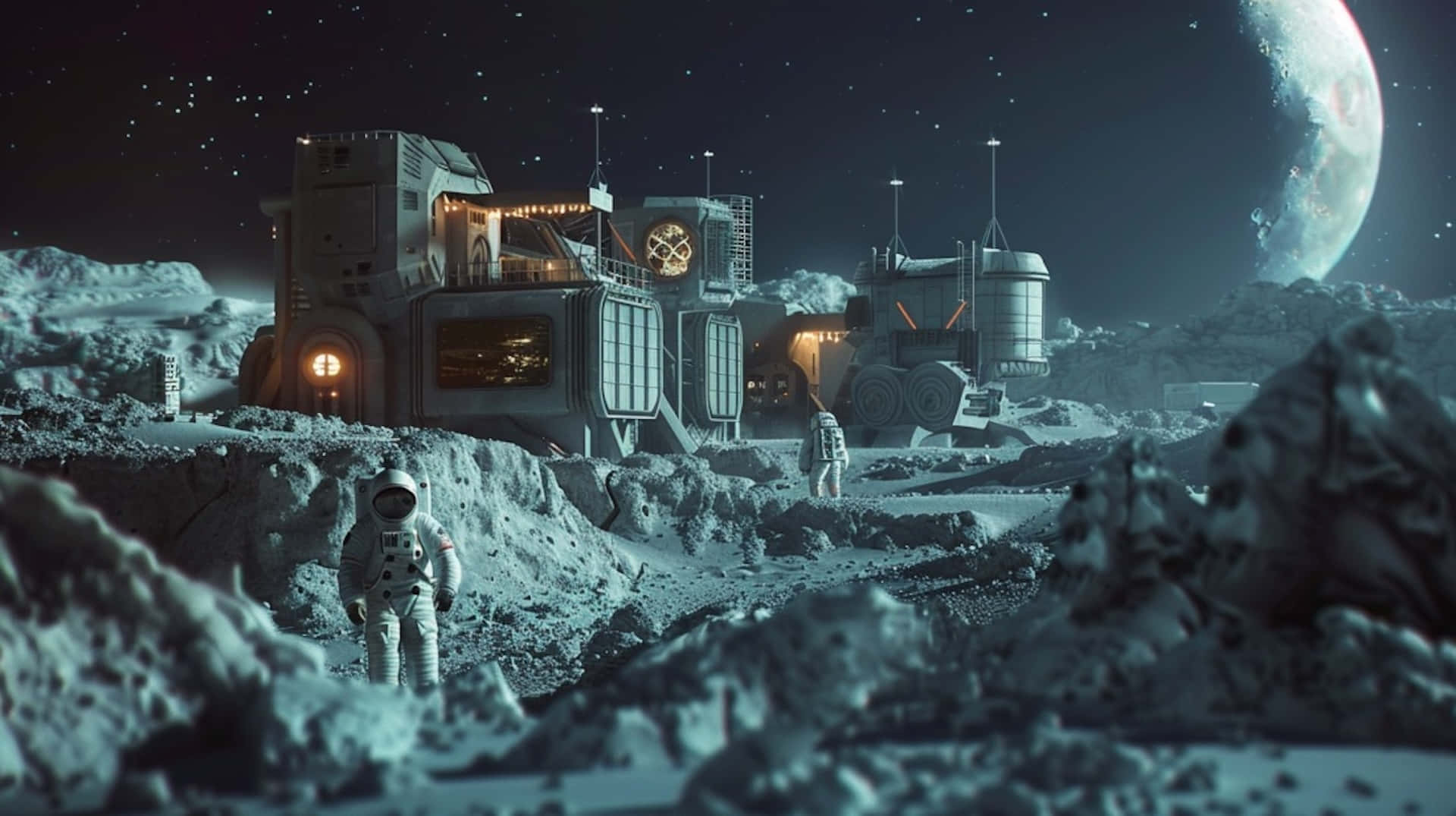 lunar base, astronauts, starry sky, Full HD Desktop Wallpaper