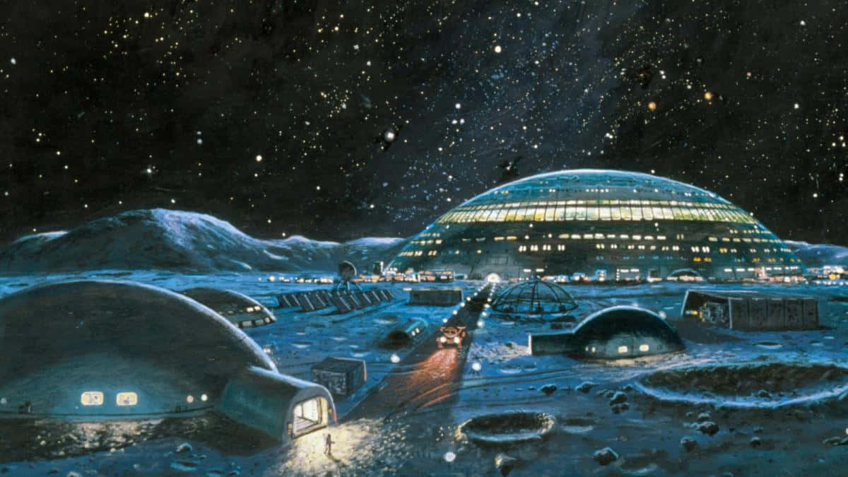 futuristic domed colony, starry sky, barren moonlit landscape, SD Desktop Wallpaper