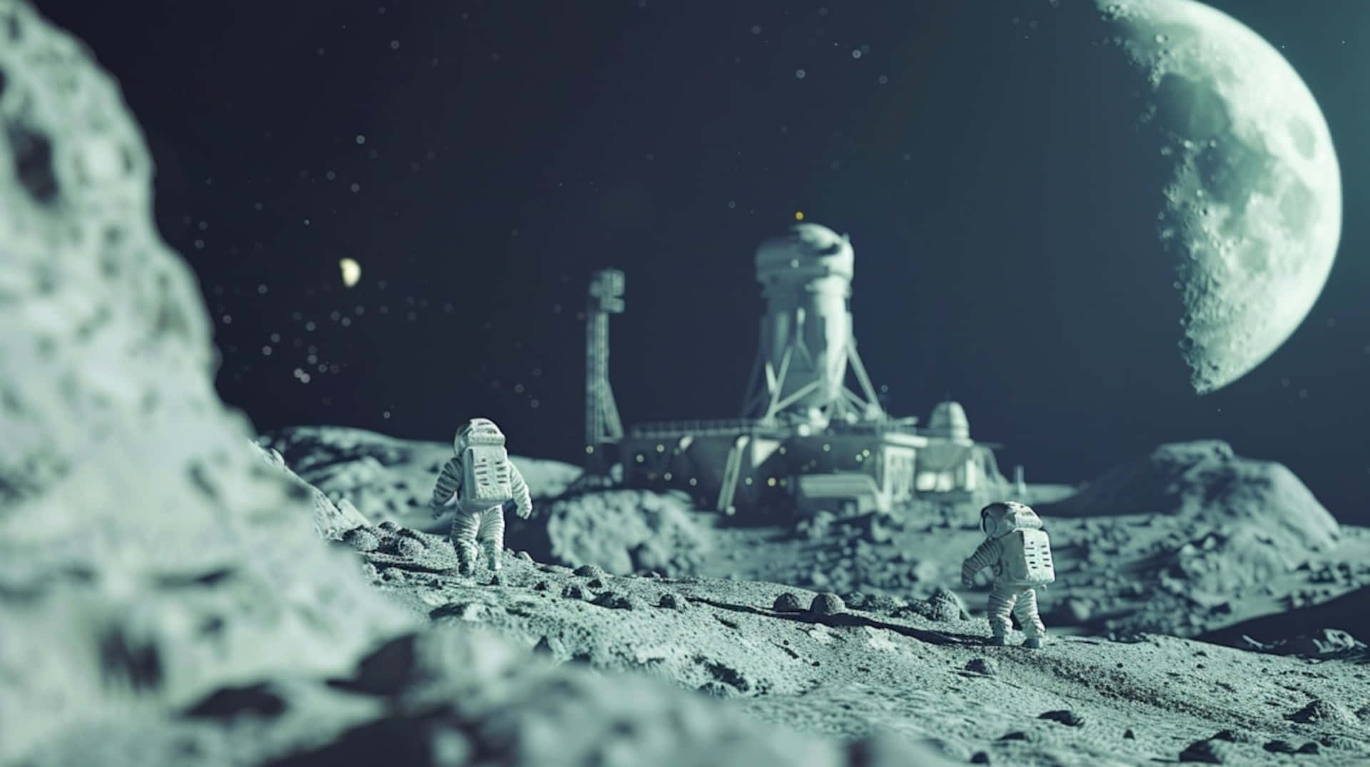 lunar base, giant moon, stars, Full HD Desktop Wallpaper