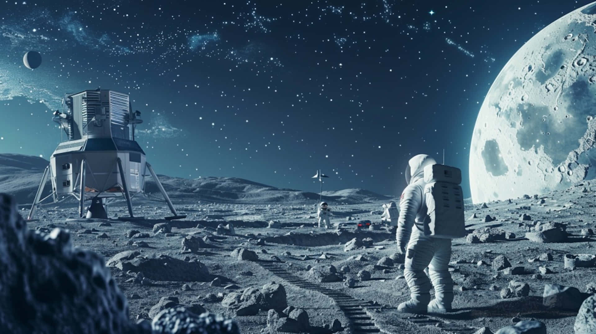 lunar colonization mission, rocky moon surface, starry sky, Full HD Desktop Wallpaper