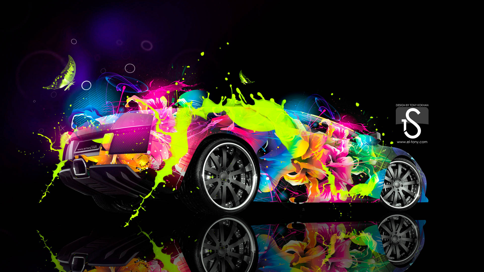 neon paint splatters, floral patterns, dark background, Full HD Desktop Wallpaper