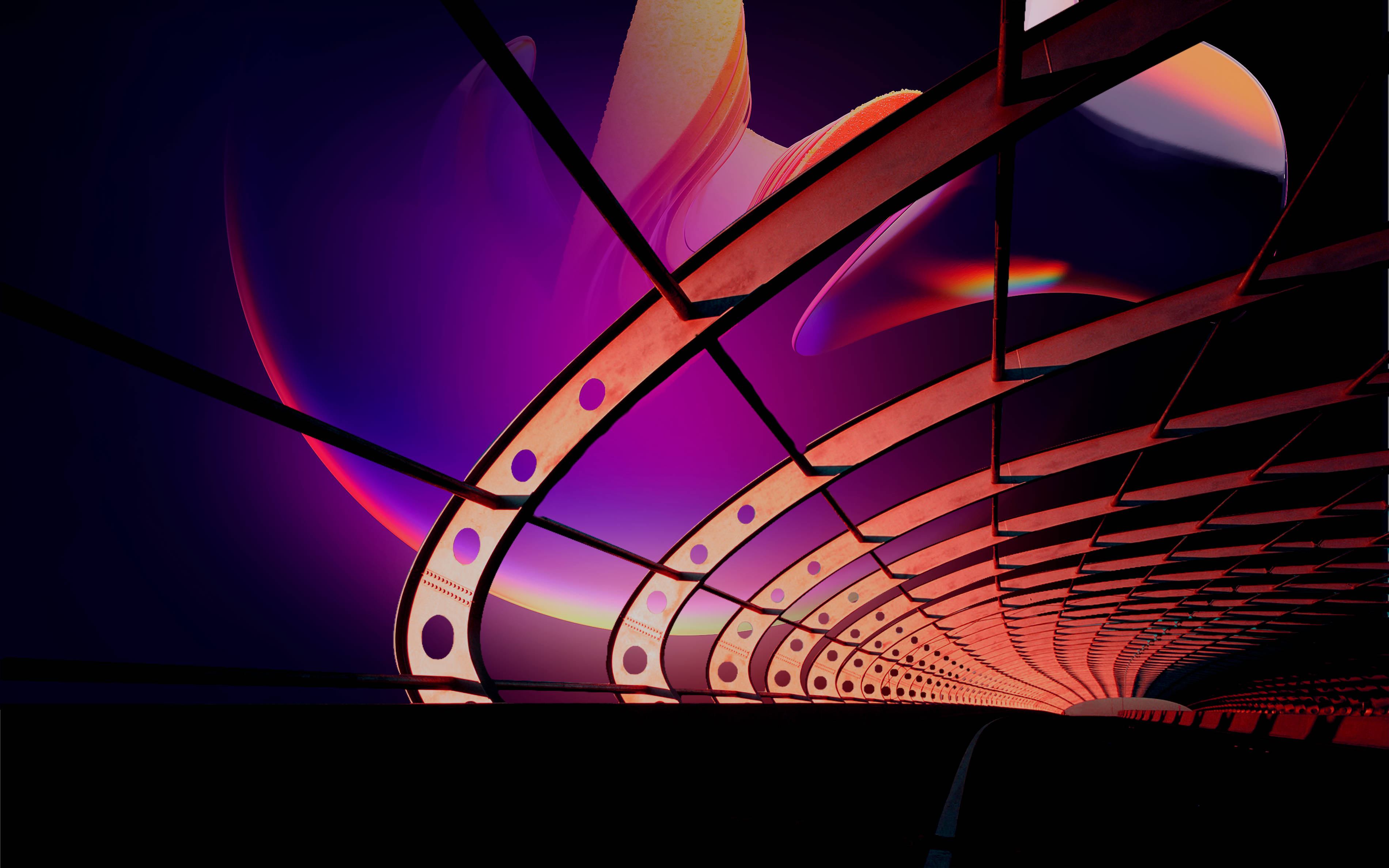 Purple Color Full HD Sky, futuristic tunnel, glowing orange and purple curves, 2K Desktop Wallpaper