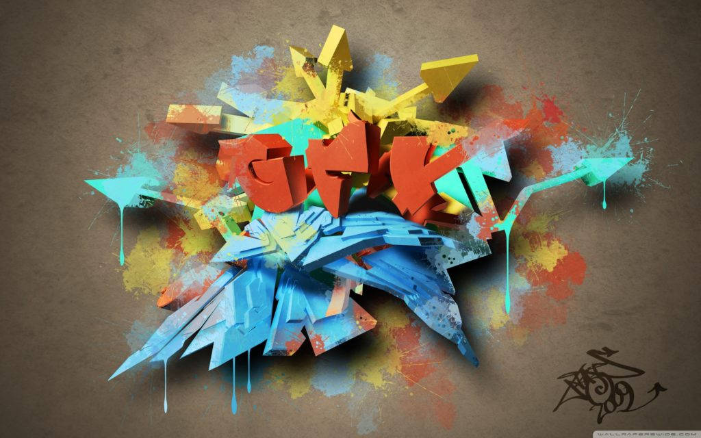 3D Grafitti, colorful paint splatters, textured brown background, SD Desktop Wallpaper