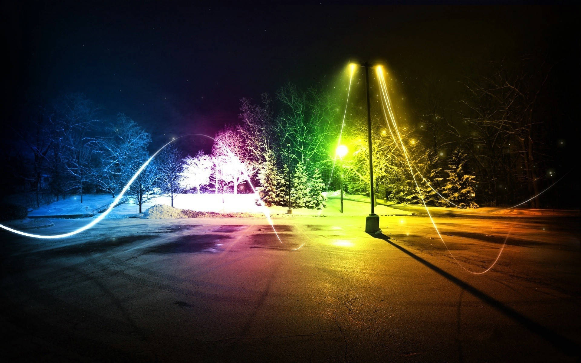 light painting photography, vibrant rainbow light trails, snowy street, Full HD Desktop Wallpaper