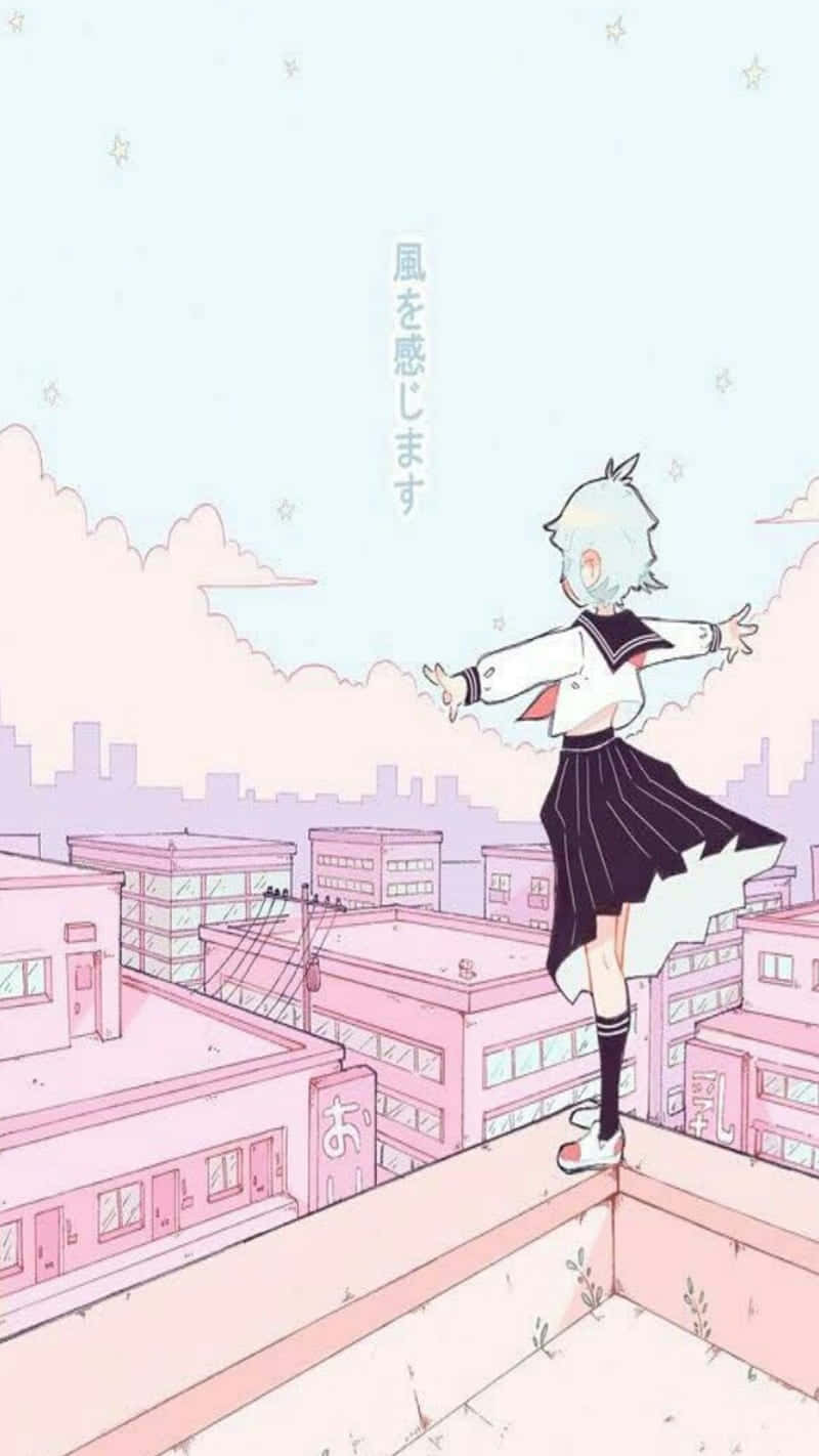 pink sky, pink rooftop, white-haired anime girl, HD Phone Wallpaper