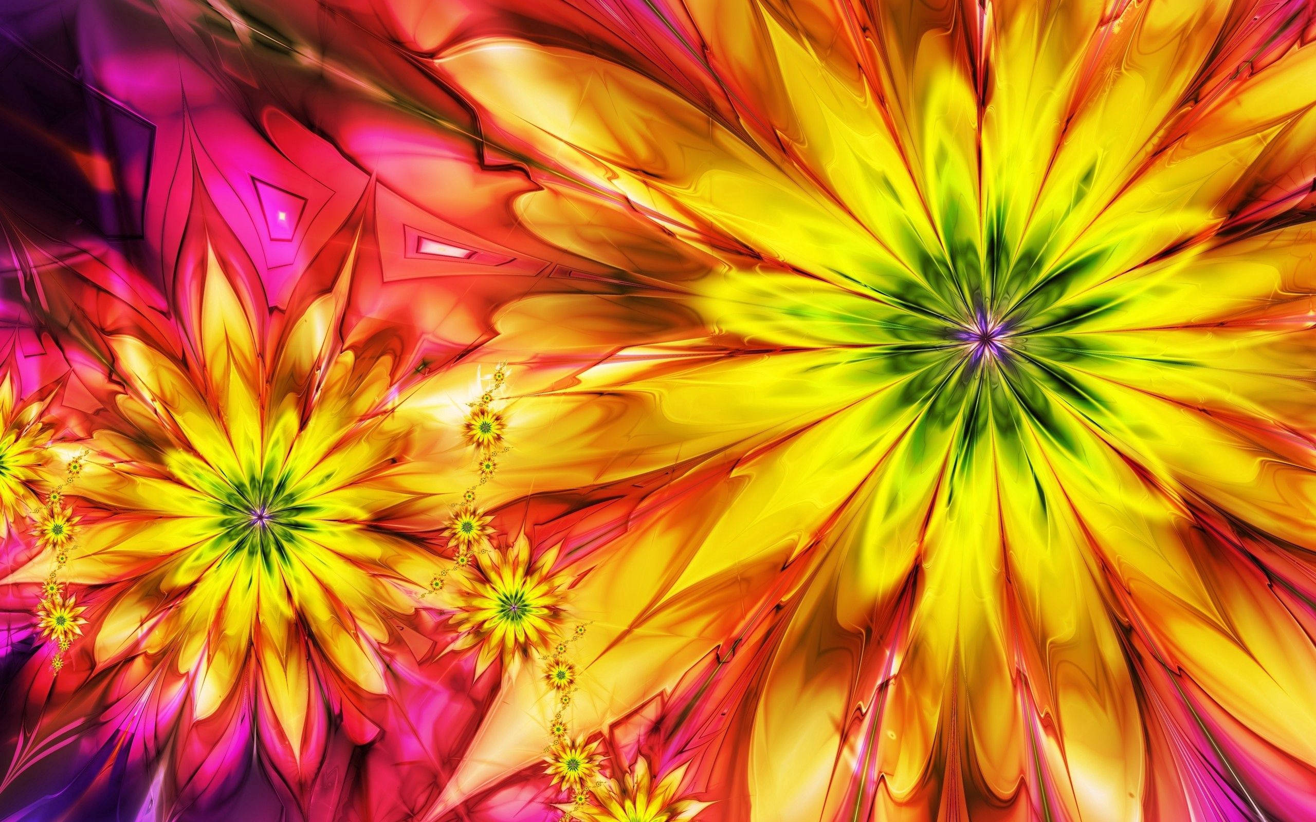 fractal flowers, radiant yellows, pinks, 2K Desktop Wallpaper