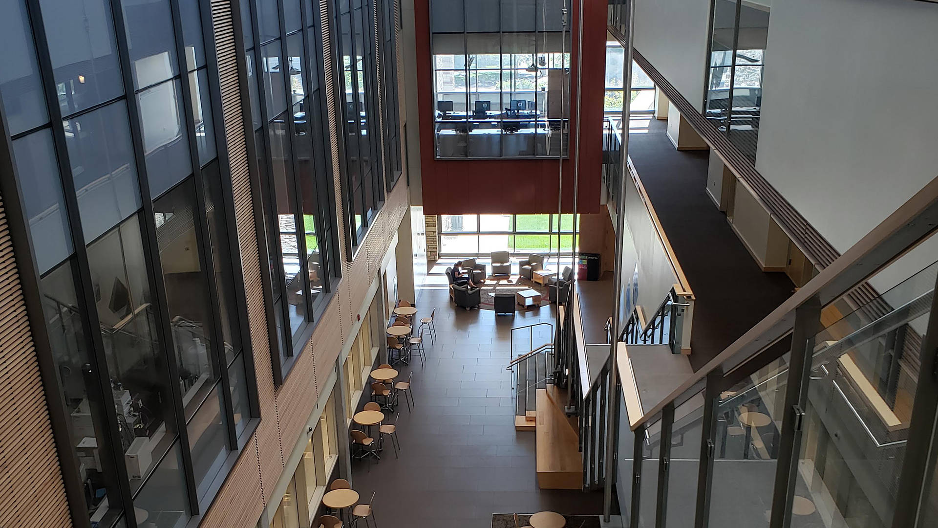 Colorado State University, modern multi-level atrium, glass walls, Full HD Desktop Wallpaper