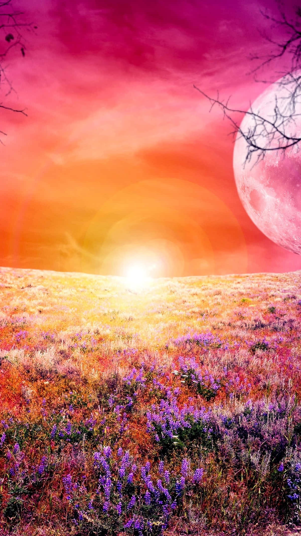 pink sunset, purple flowers, massive pink moon, Full HD Phone Wallpaper