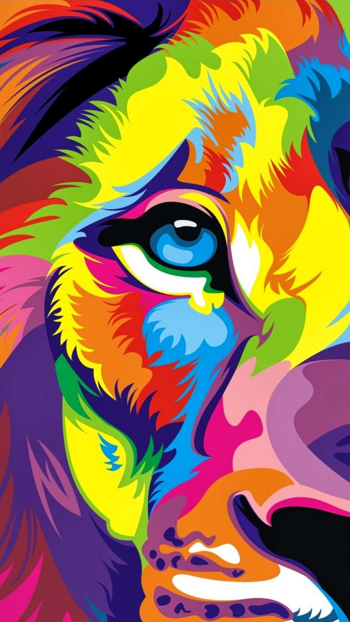 half rainbow lion, psychedelic rainbow fur, intense blue eye, Full HD Phone Wallpaper