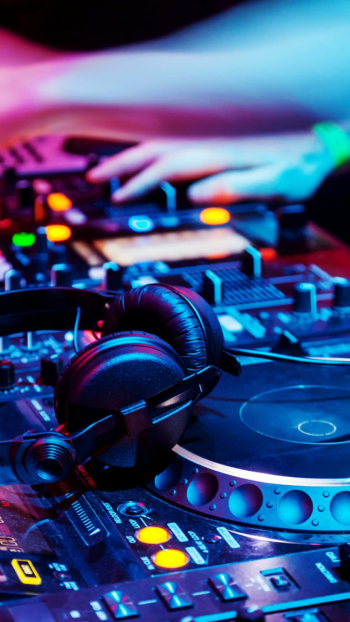 DJ Equipment Apparatus, neon pink and blue lights, glowing turntable, Full HD Phone Wallpaper