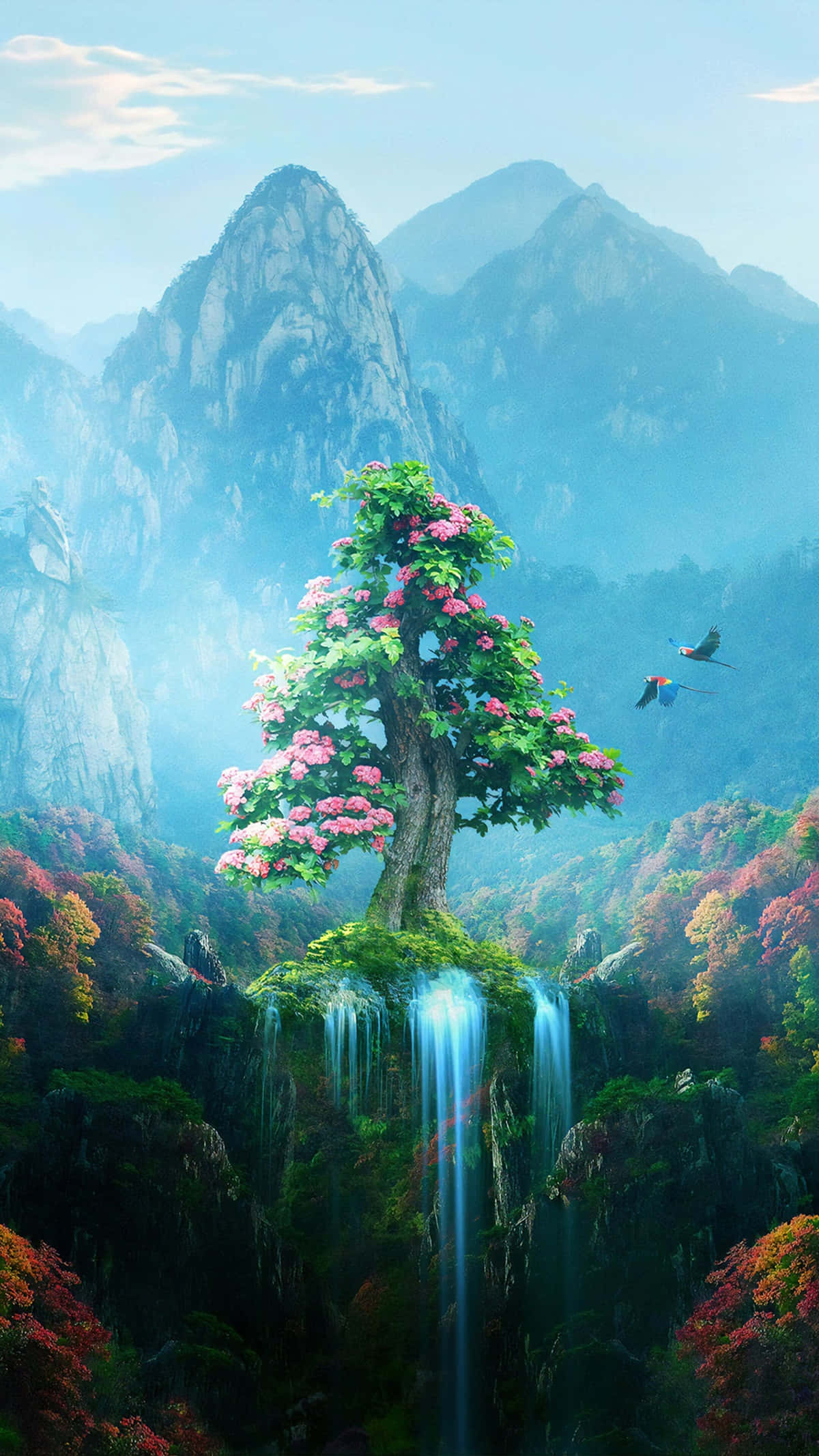 enchanted tree, pink blossoms, cliff, Full HD Phone Wallpaper