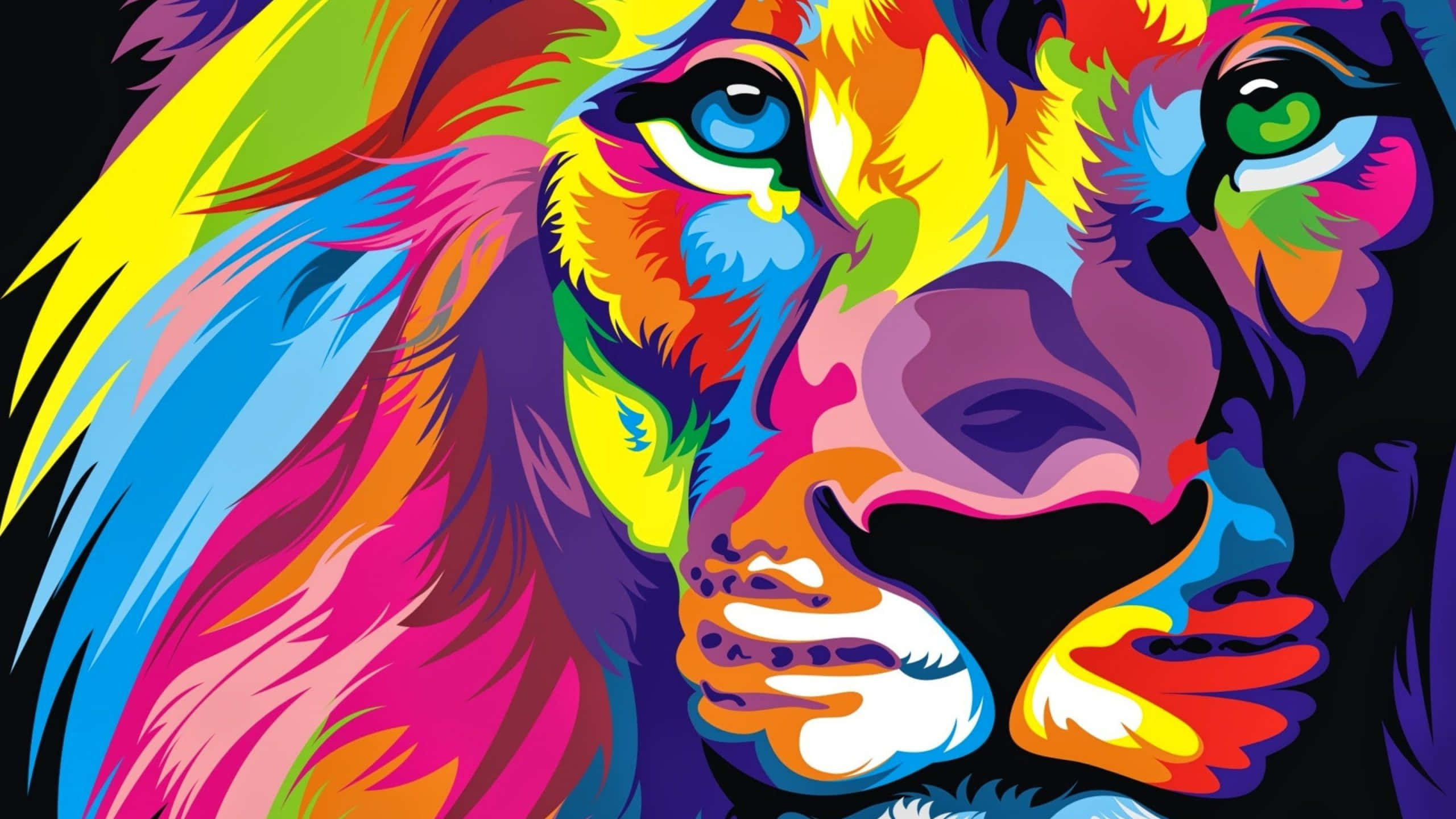 colorful abstract lion, rainbow-colored fur, glowing eyes, 2K Desktop Wallpaper