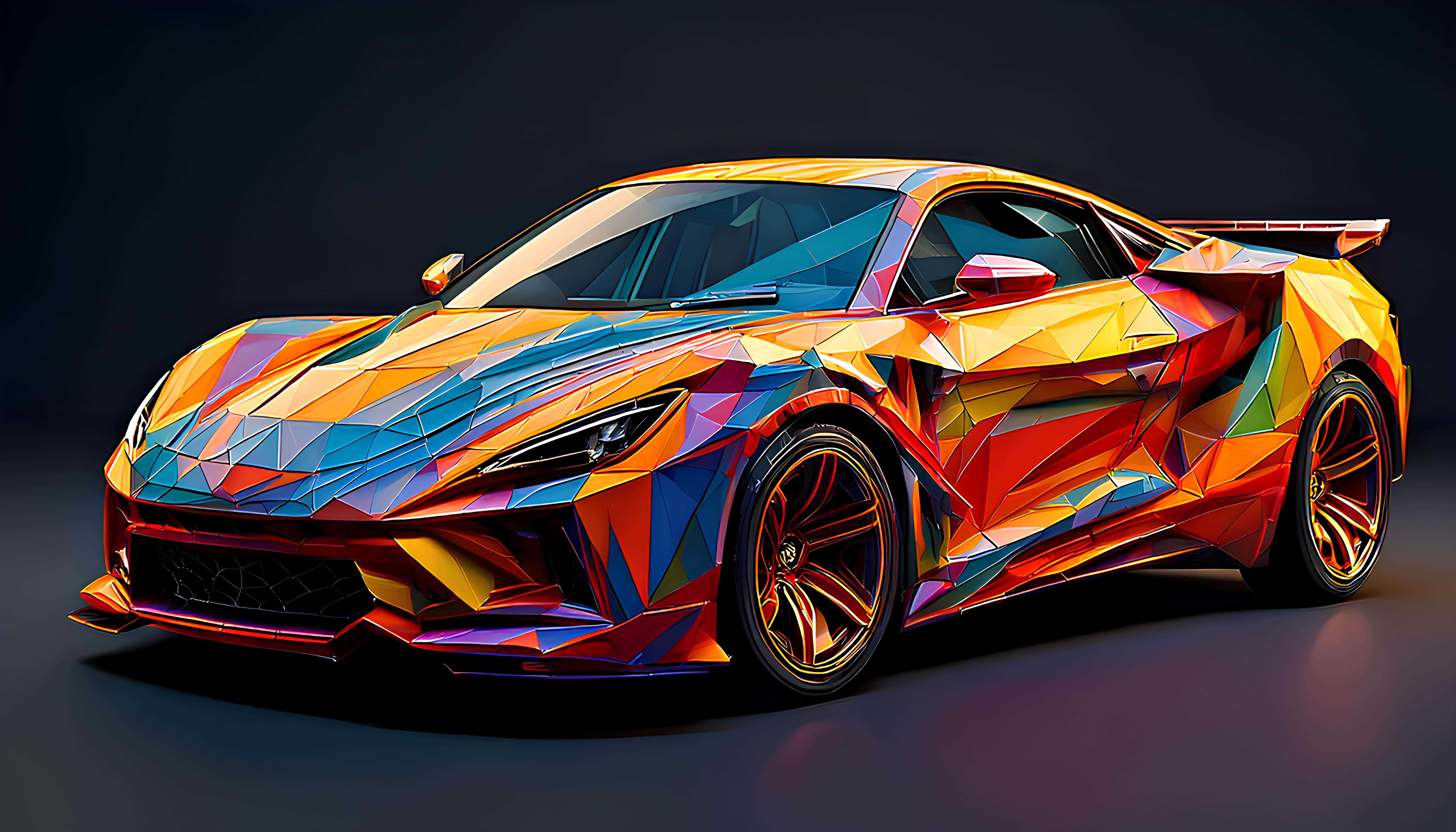 low polygonal sports car, vibrant multicolored facets, studio lights, 5K Desktop Wallpaper
