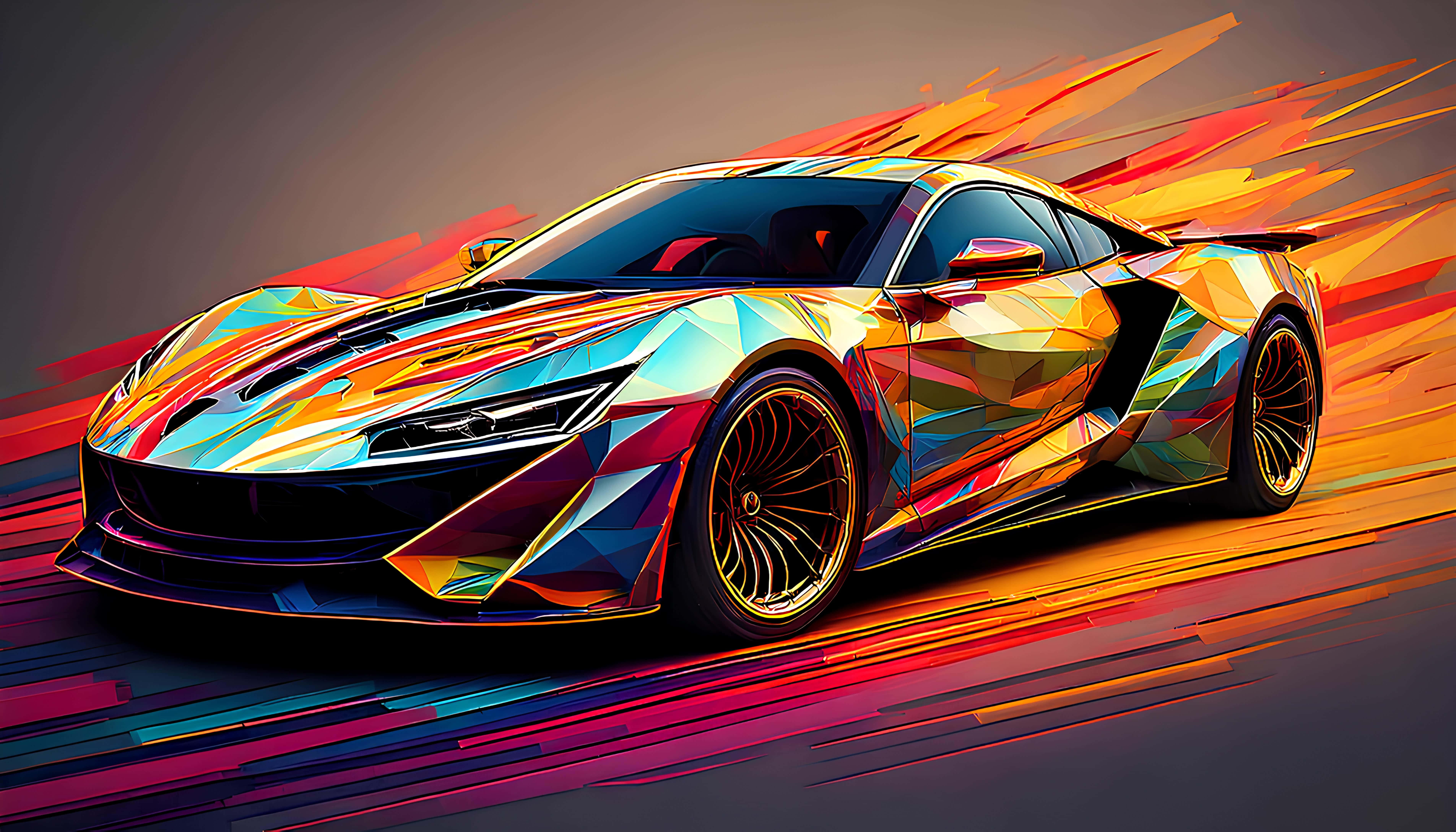 futuristic sports car, vibrant geometric color pattern, streaked orange and purple background, 5K Desktop Wallpaper